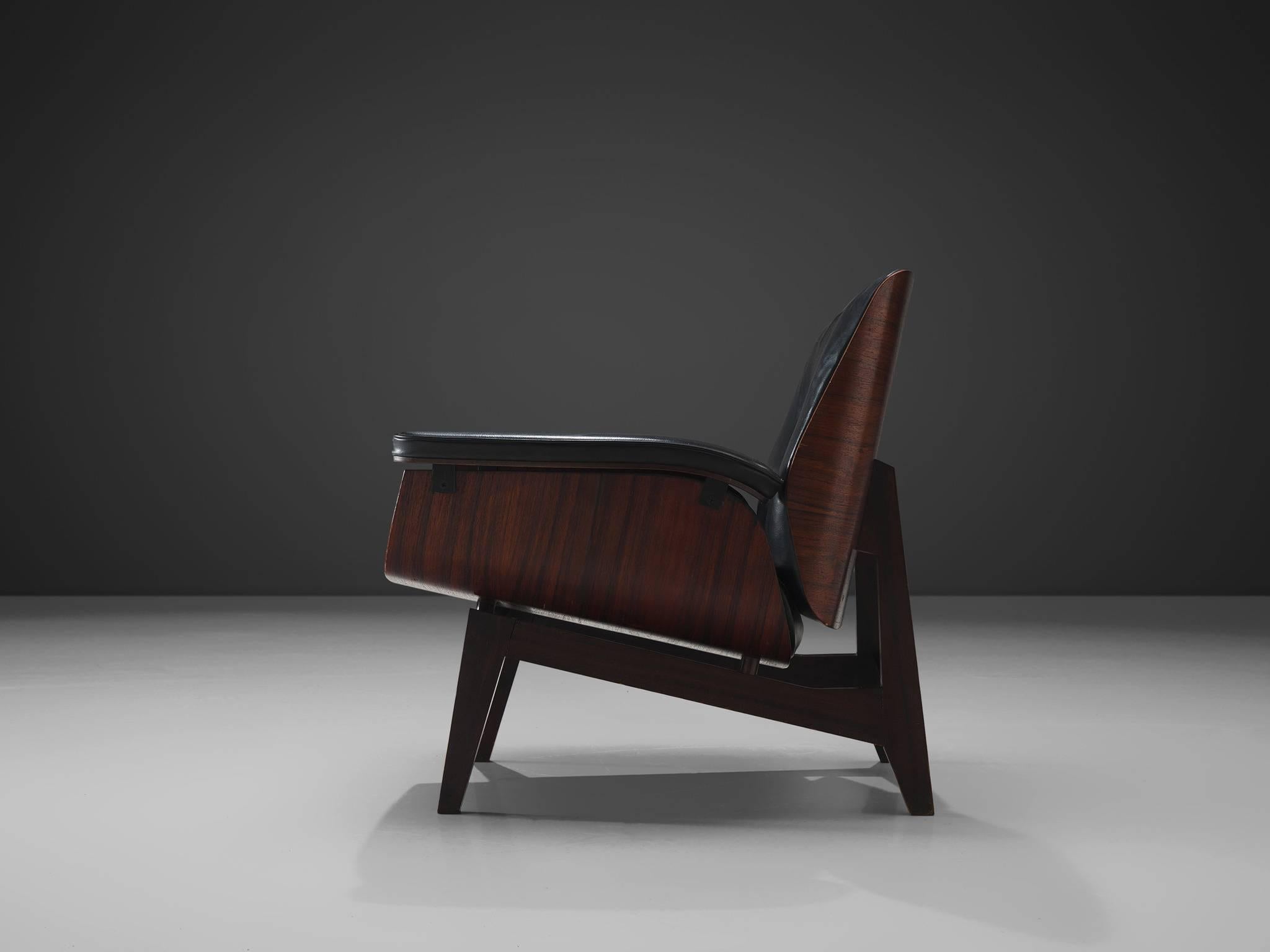 Italian Rosewood Lounge Chair in Black Faux Leather by MIM, Italy