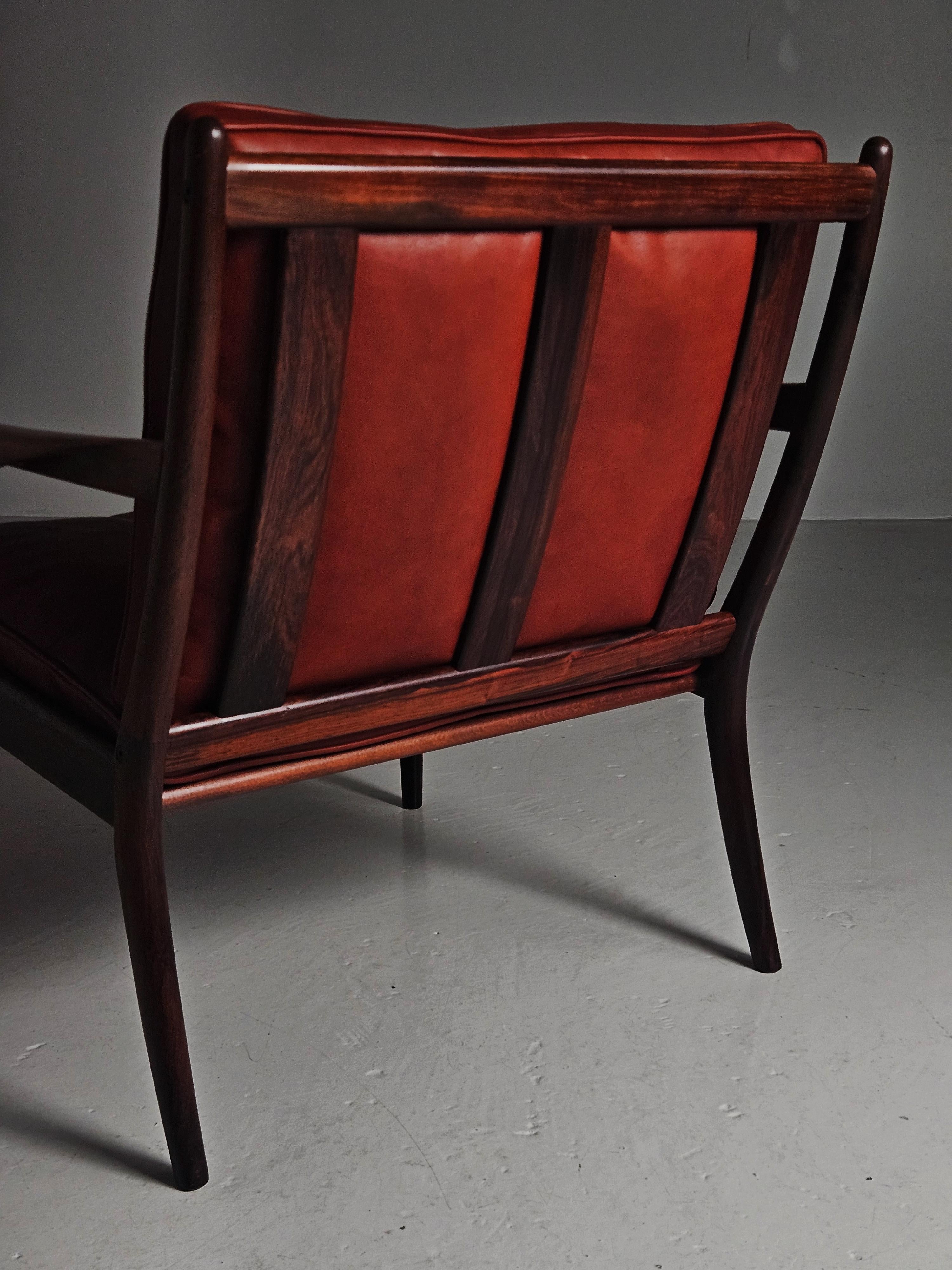 Leather Rosewood lounge chair 'Samsö' by Ib Kofod-Larsen, OPE Möbler, Sweden, 1950s For Sale