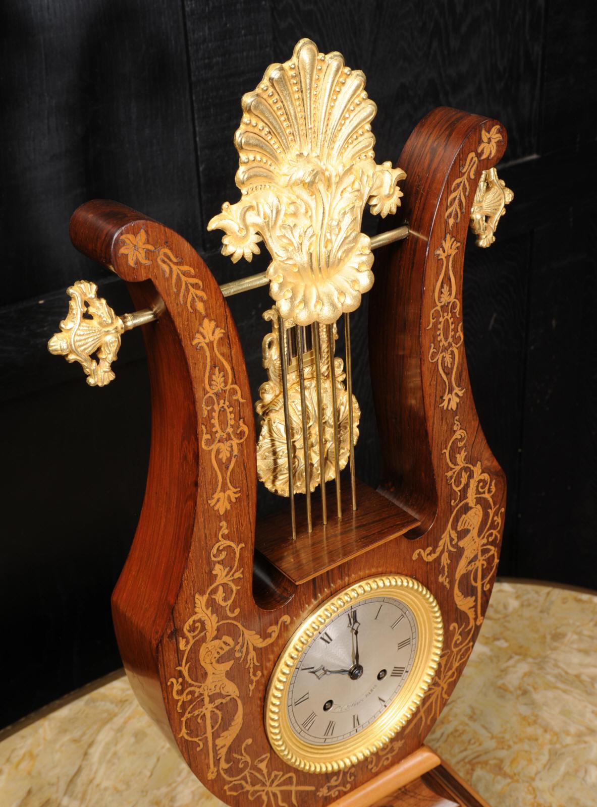 Rosewood Marquetry and Ormolu Lyre Clock with Mystery Pendulum, Henri Marc 1850 3