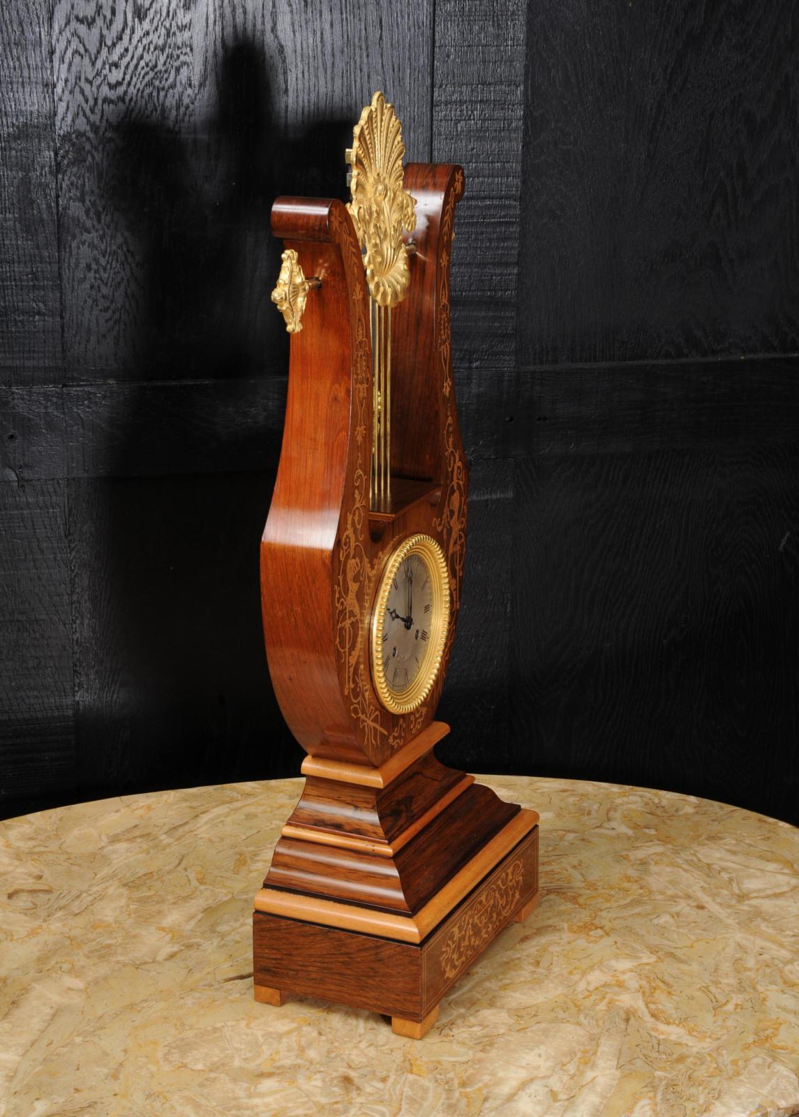 Rosewood Marquetry and Ormolu Lyre Clock with Mystery Pendulum, Henri Marc 1850 4