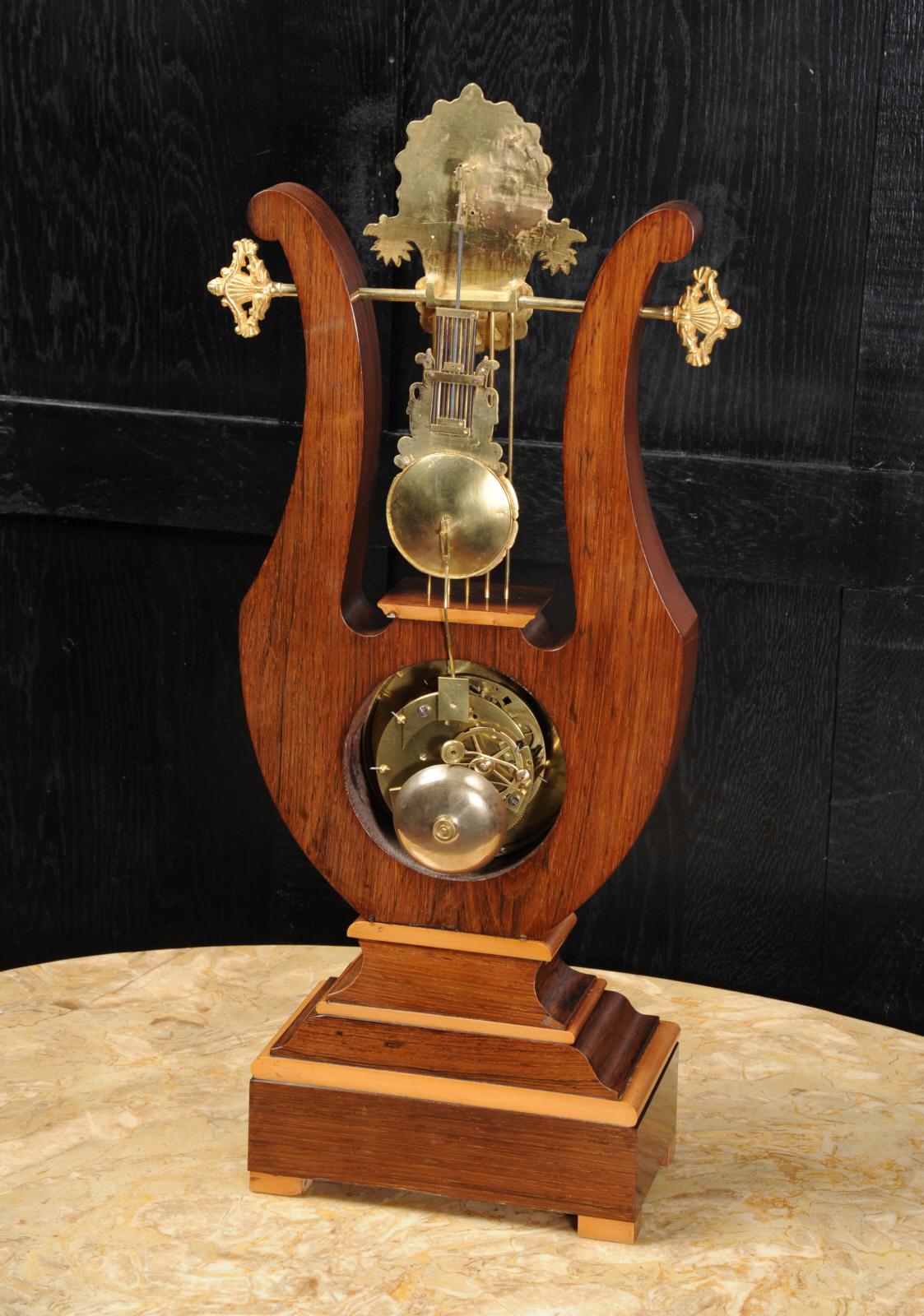 Rosewood Marquetry and Ormolu Lyre Clock with Mystery Pendulum, Henri Marc 1850 5