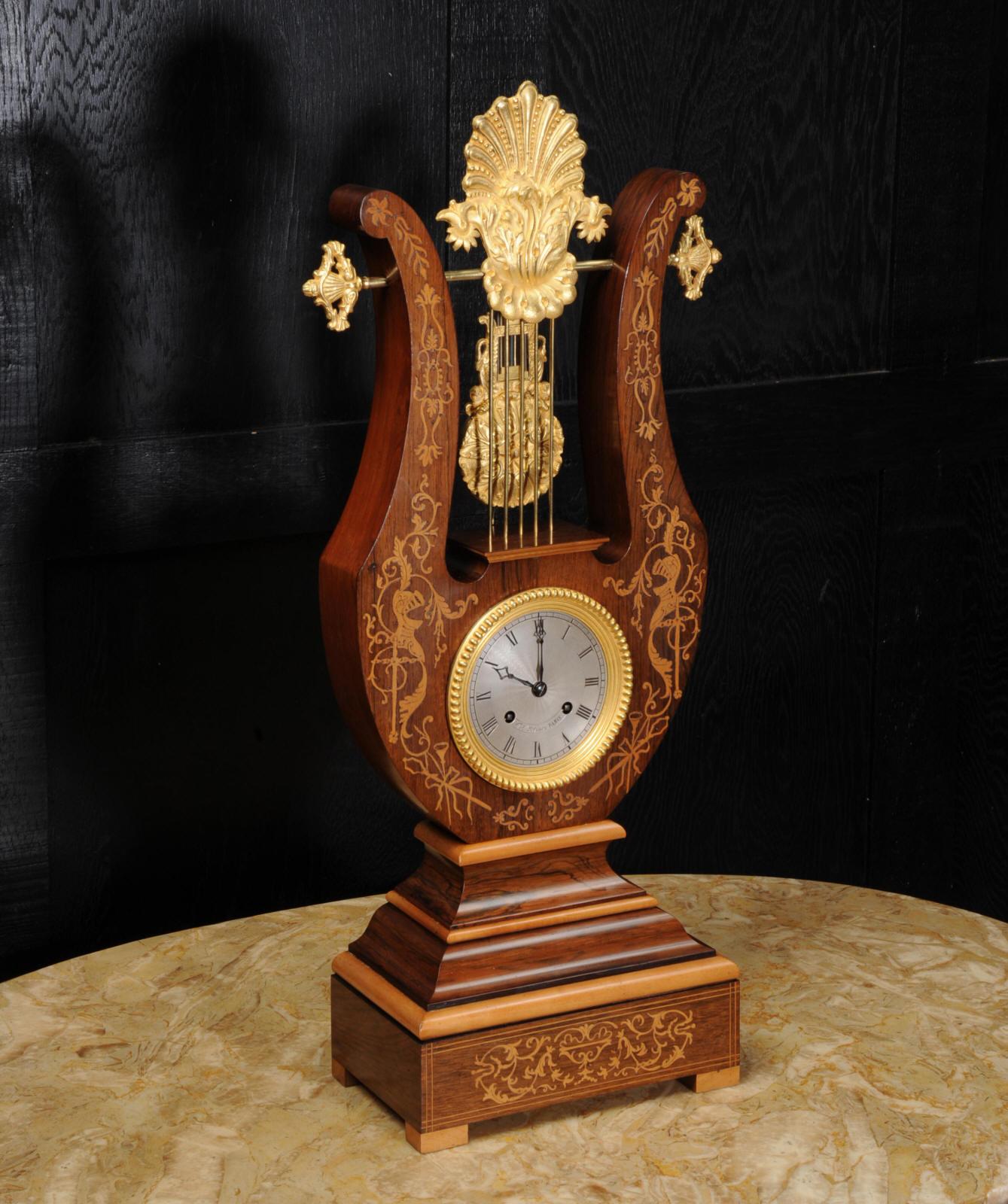Louis Philippe Rosewood Marquetry and Ormolu Lyre Clock with Mystery Pendulum, Henri Marc 1850