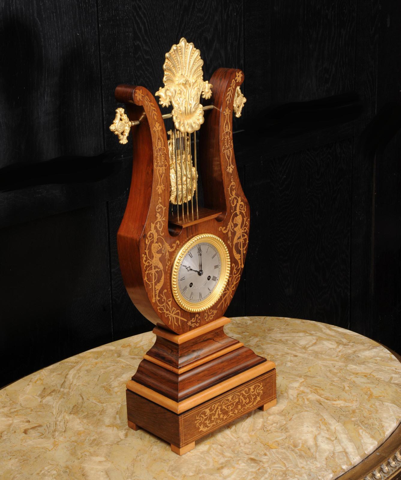 French Rosewood Marquetry and Ormolu Lyre Clock with Mystery Pendulum, Henri Marc 1850