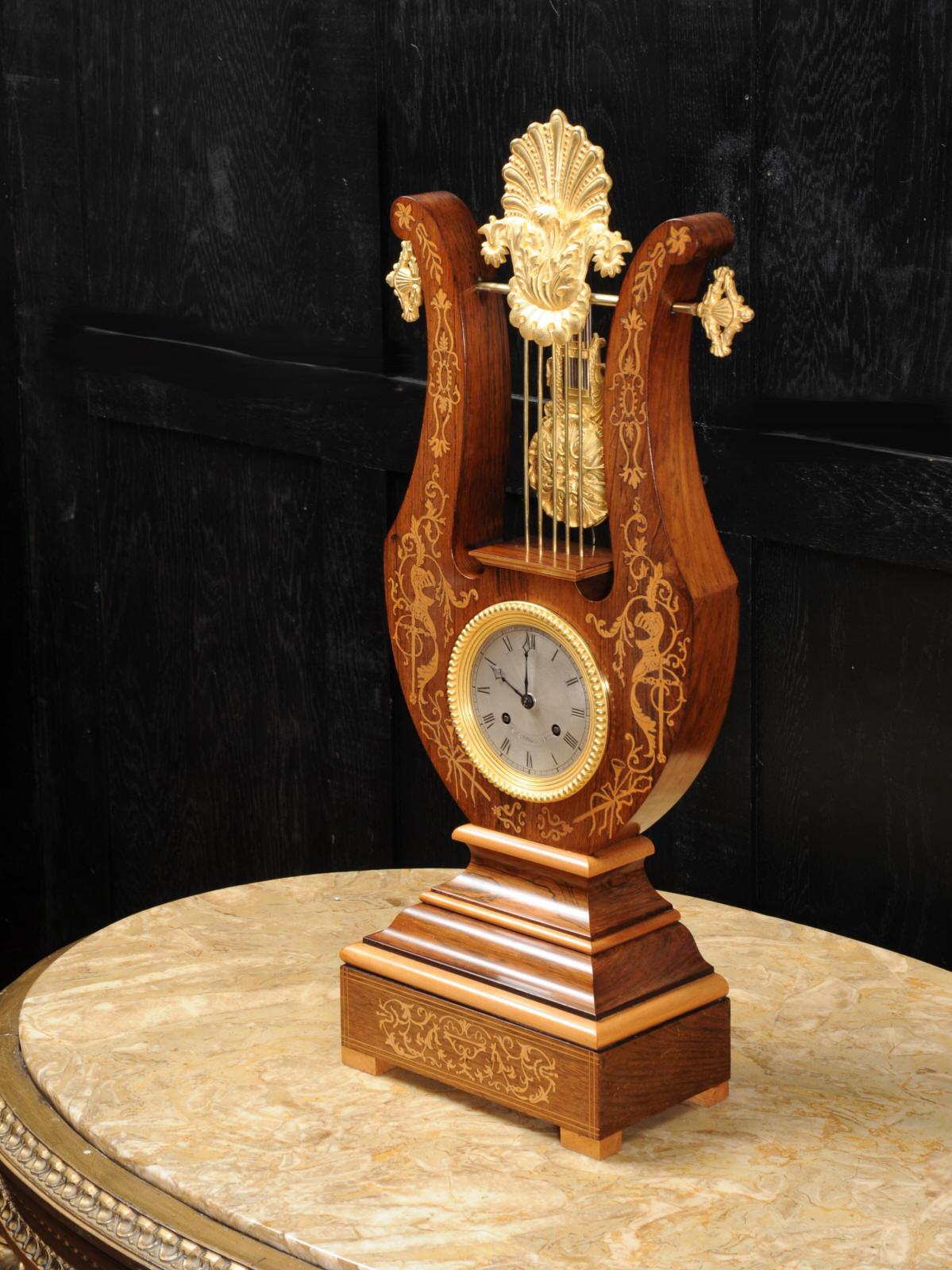 Rosewood Marquetry and Ormolu Lyre Clock with Mystery Pendulum, Henri Marc 1850 In Good Condition In Belper, Derbyshire