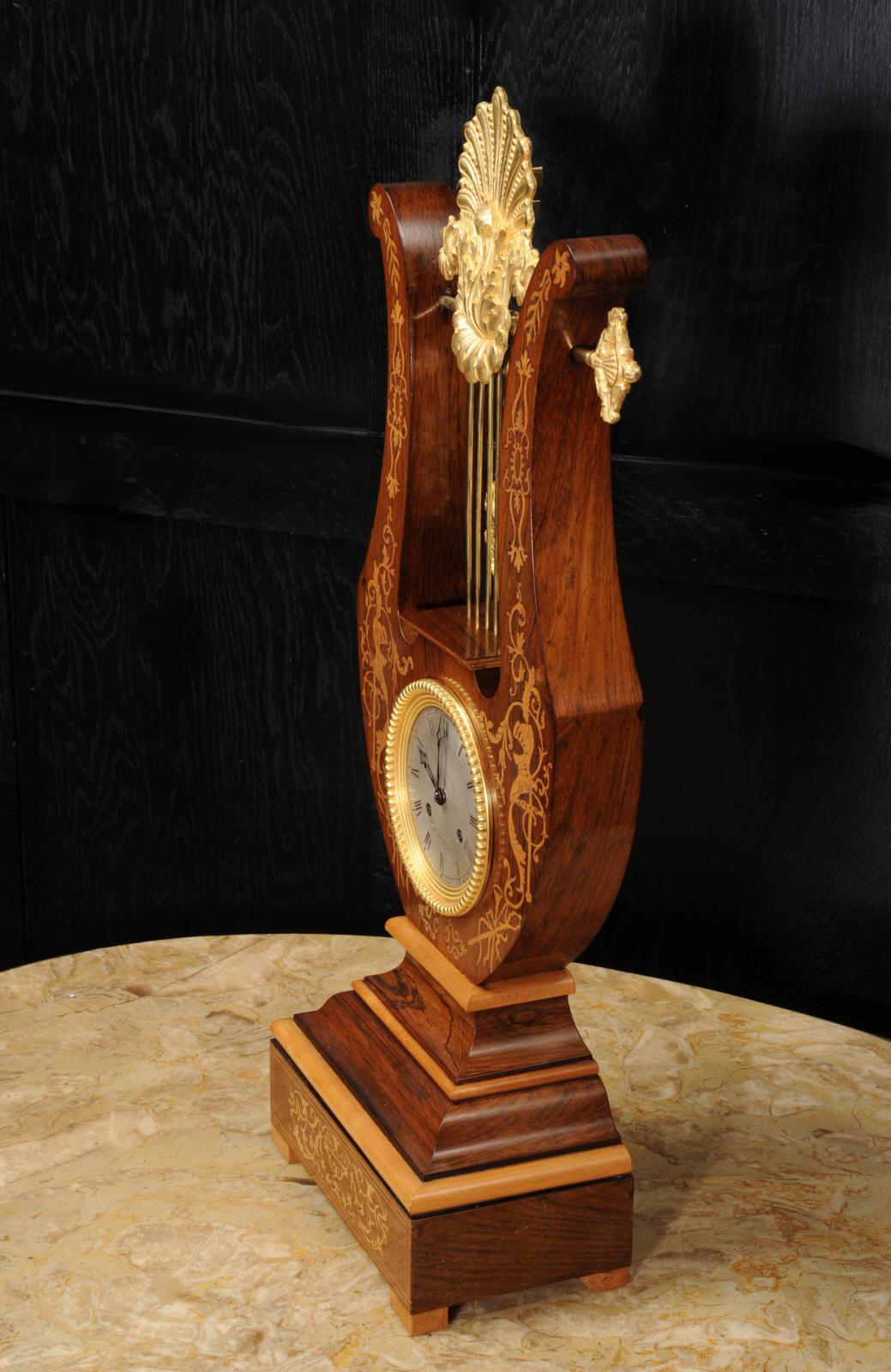 19th Century Rosewood Marquetry and Ormolu Lyre Clock with Mystery Pendulum, Henri Marc 1850