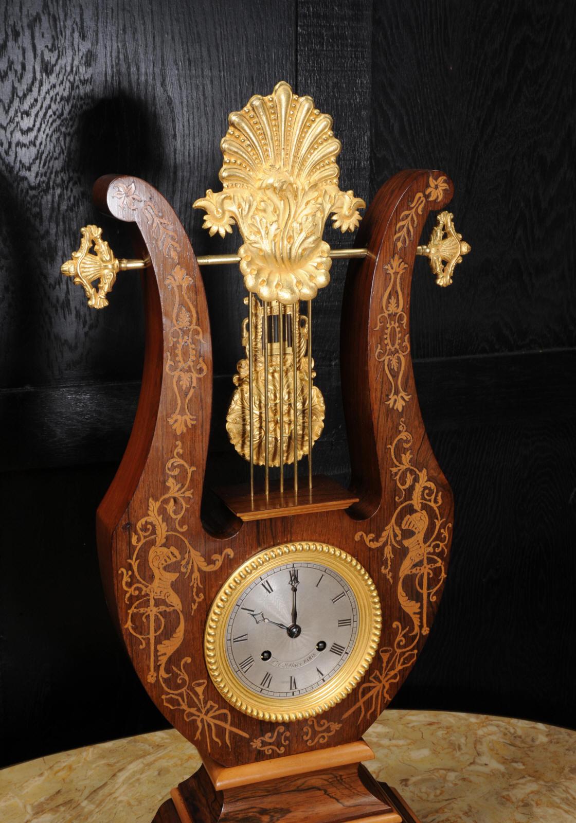 Rosewood Marquetry and Ormolu Lyre Clock with Mystery Pendulum, Henri Marc 1850 1
