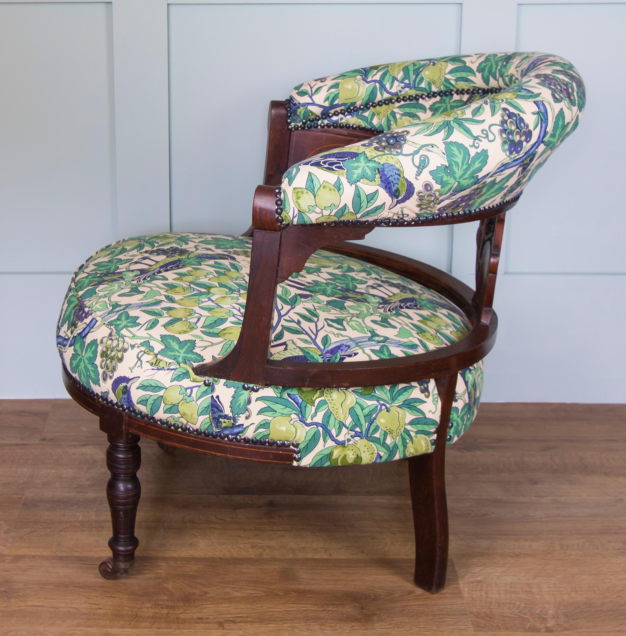 Edwardian Rosewood Marquetry Inlaid Chair Upholstered in Vintage Liberty of London Fabric