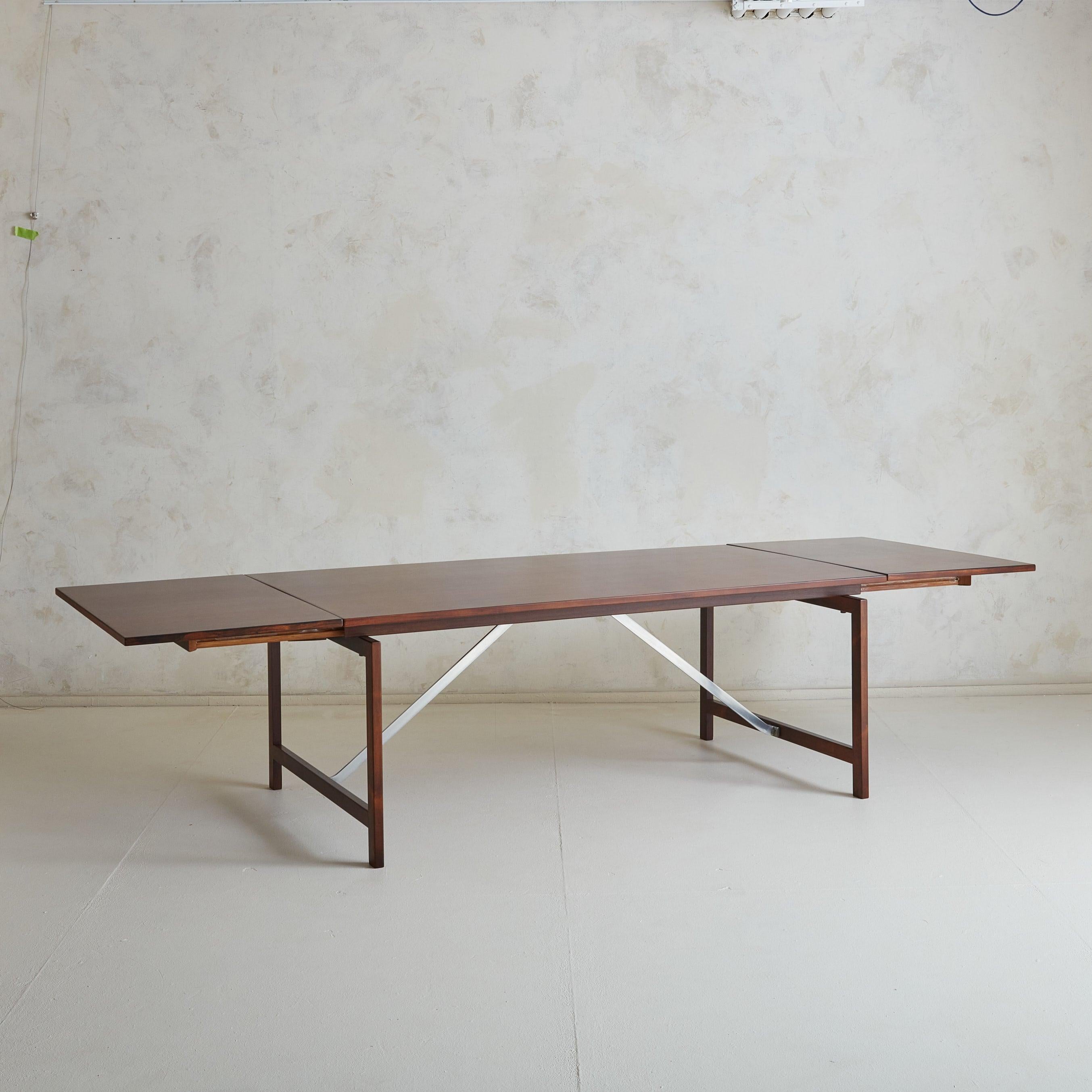 Scandinavian Modern Rosewood + Metal Dining Table with Drop Leaves Attributed to Hans Wegner For Sale