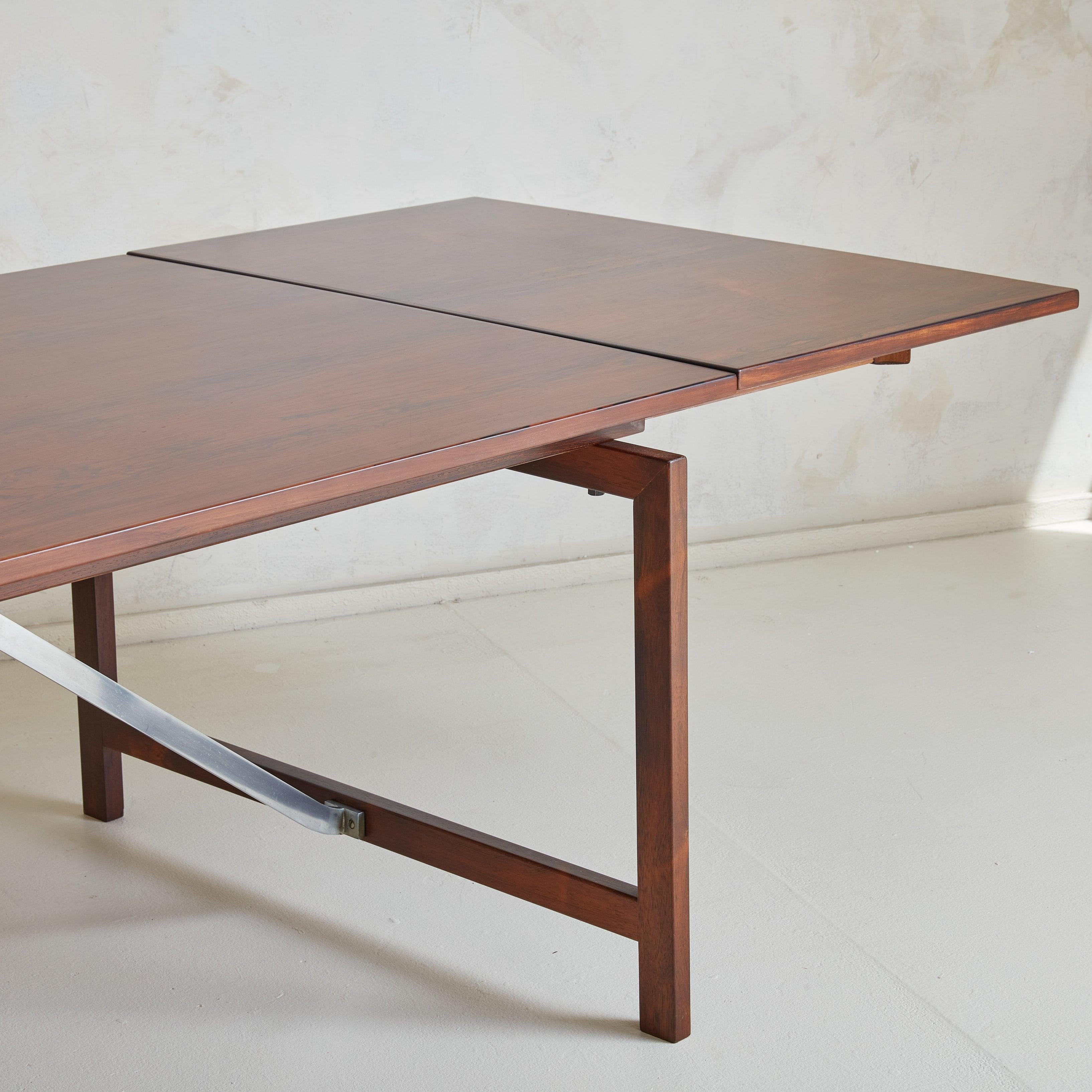 Rosewood + Metal Dining Table with Drop Leaves Attributed to Hans Wegner In Excellent Condition For Sale In Chicago, IL