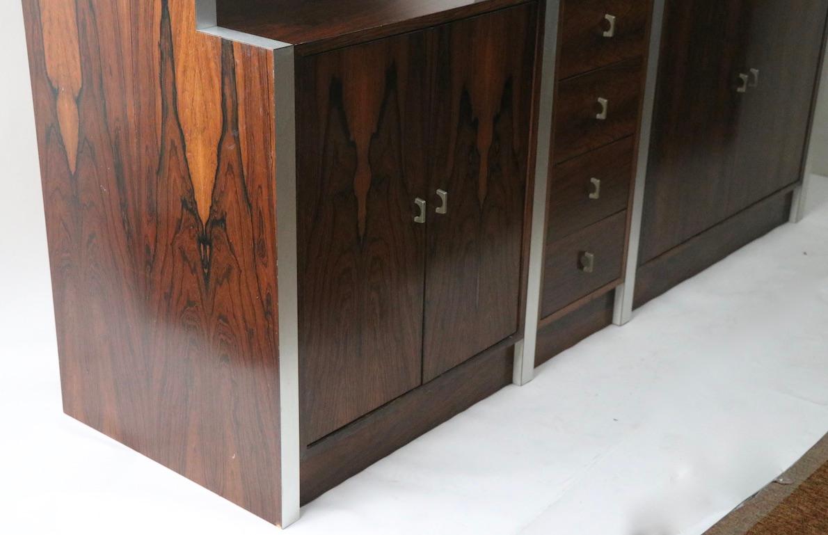 Rosewood Metal Glass and Formica Wall Unit Baugnman Attributed for John Stuart For Sale 12
