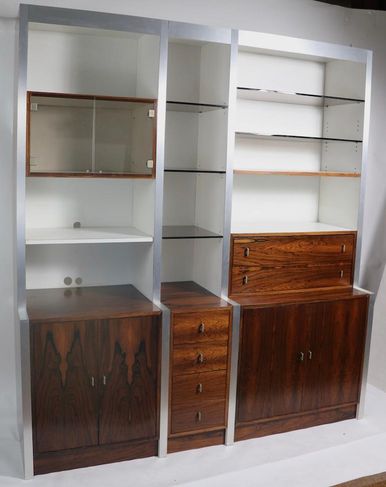 Veneer Rosewood Metal Glass and Formica Wall Unit Baugnman Attributed for John Stuart For Sale