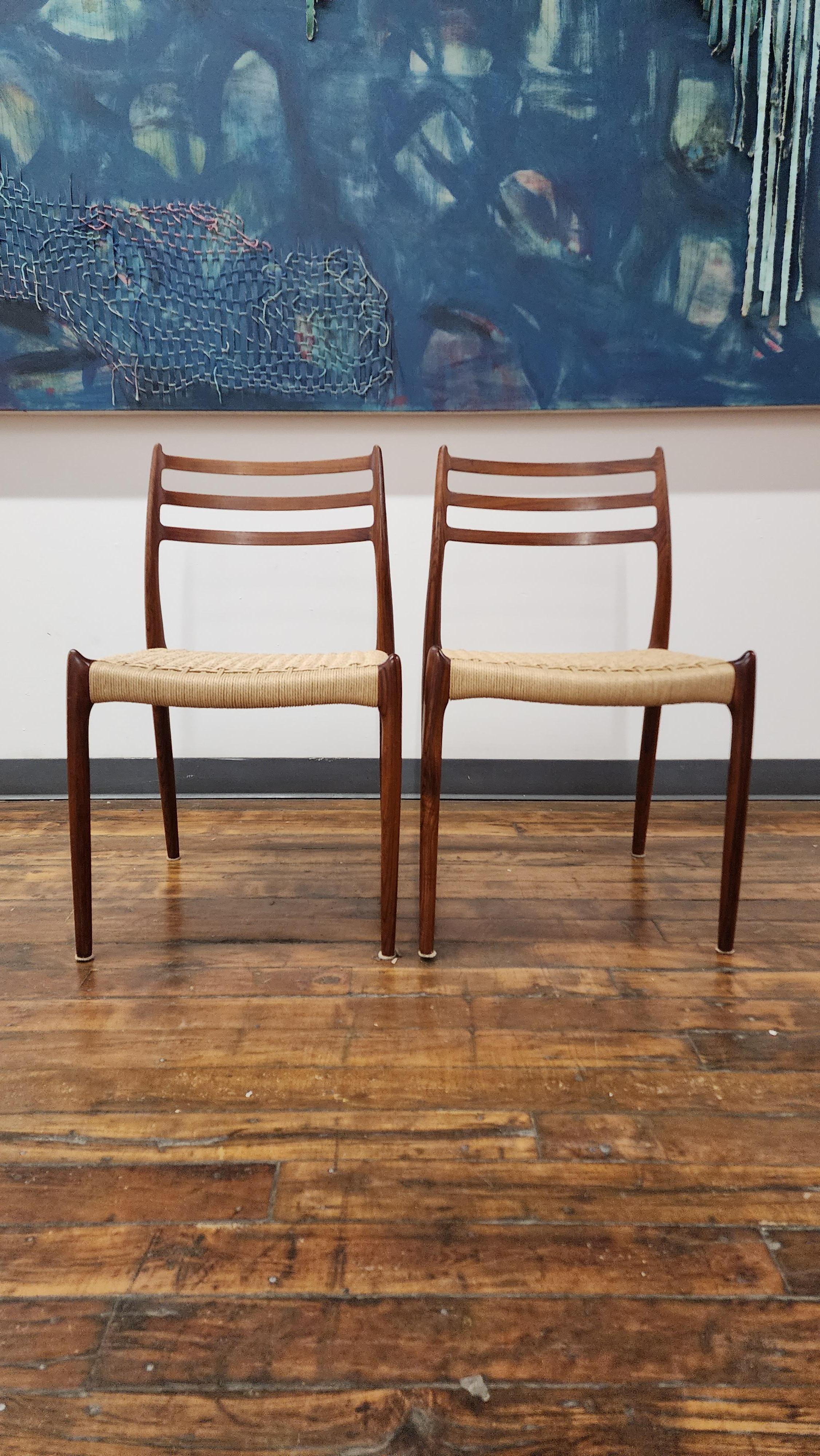 Beautiful pair of rosewood Møller chairs, model 78 with new  Danish cord. The model 78 is in my opinion the best Niels O. Møller design and highly collectable. 
