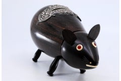 Rosewood mouse-shaped piggy bank with silver accents and “My savings”