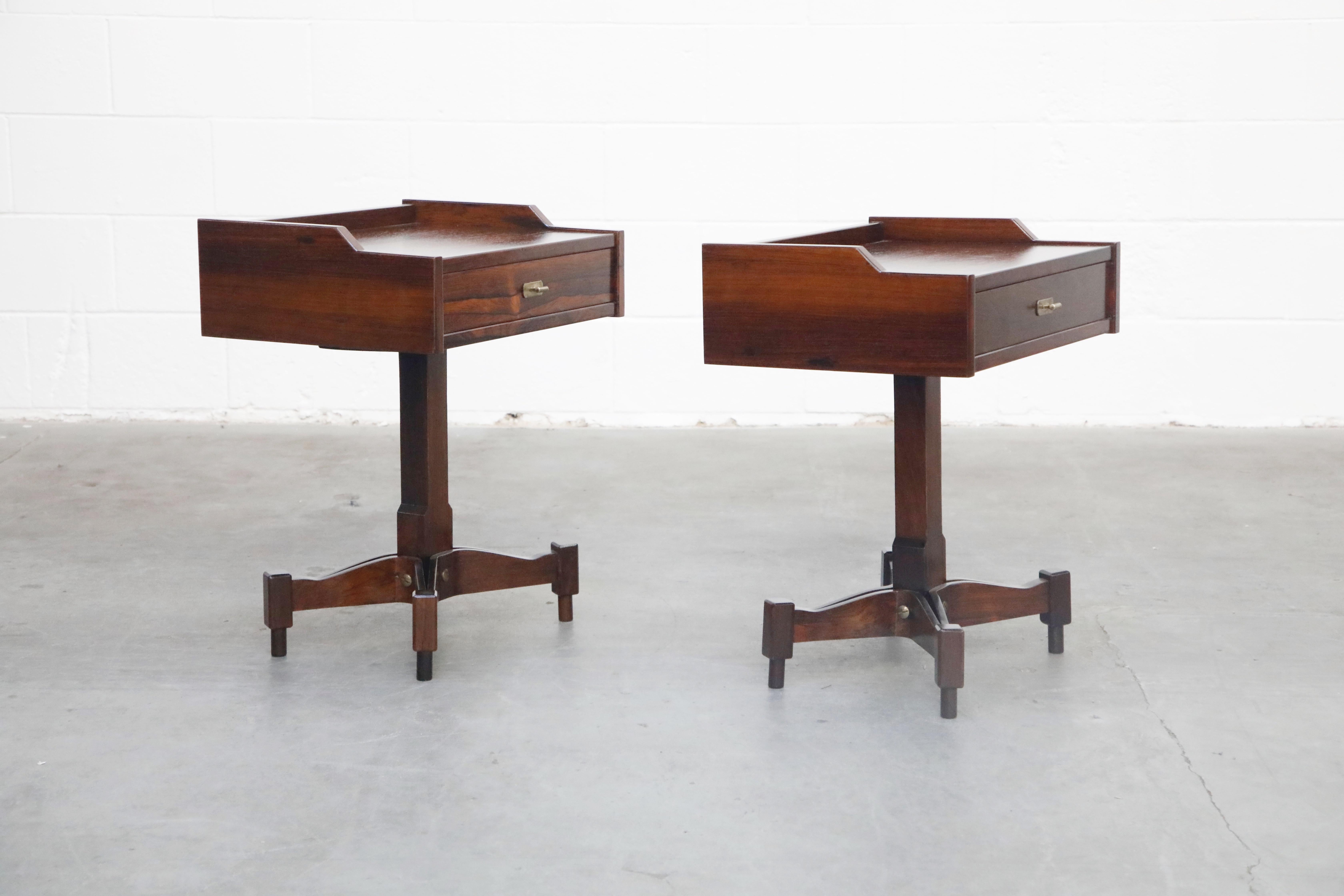 This rare pair of model SC-50 nightstands by Italian designer Claudio Salocchi for Sormani was designed and produced in the 1960s in Italy in small numbers.  Featuring incredible veined Rosewood, brass pulls and feet, single drawer on each