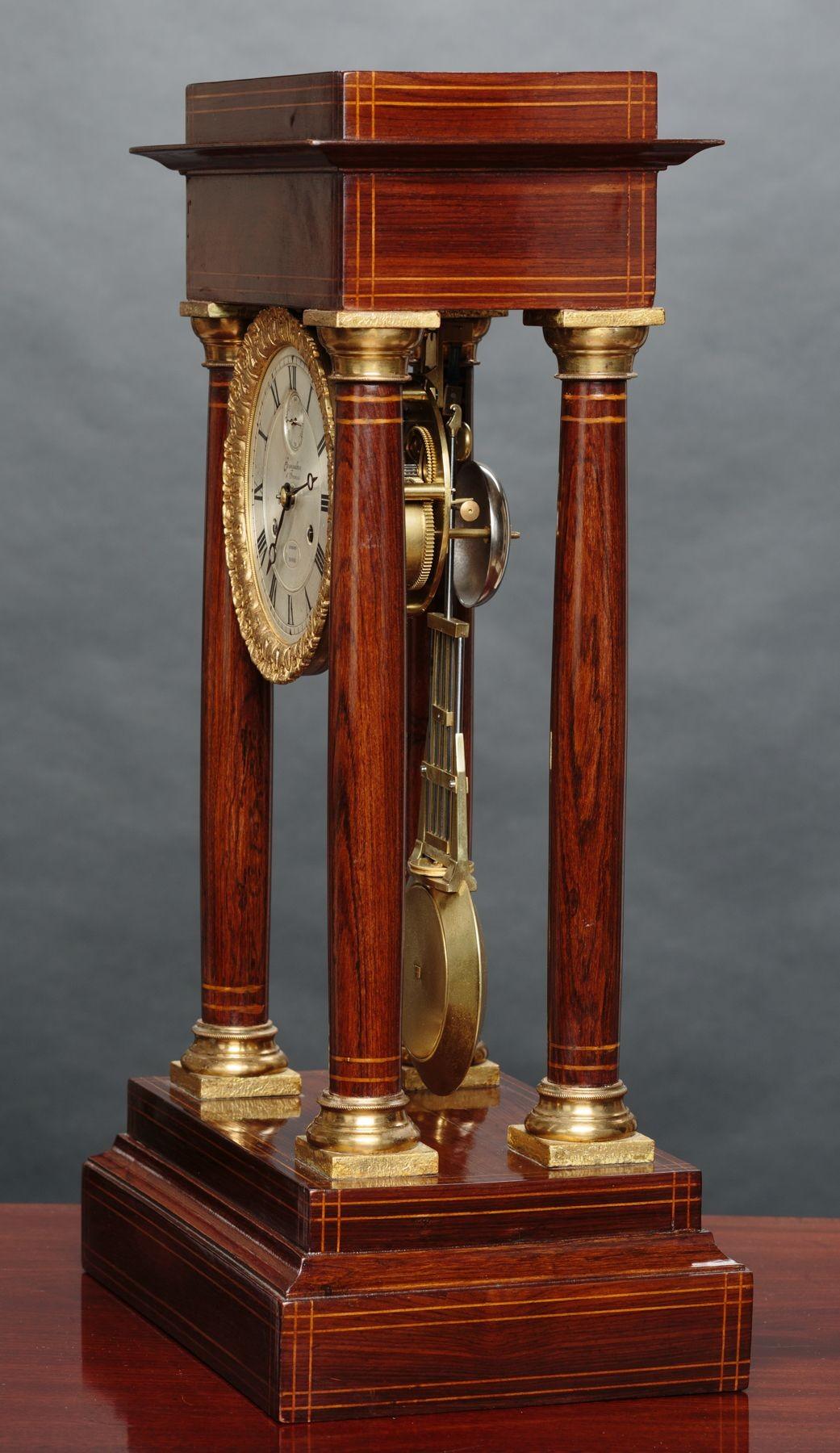 Swiss Rosewood Portico Regulator Mantel Clock For Sale