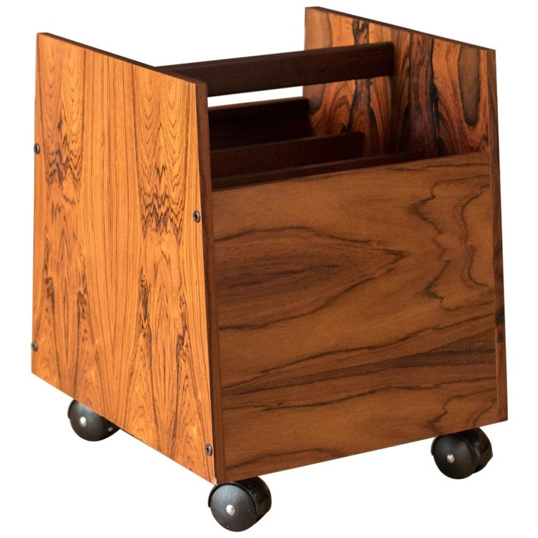 Vintage Rosewood Rolling Record Magazine Rack by Rolf Hesland for