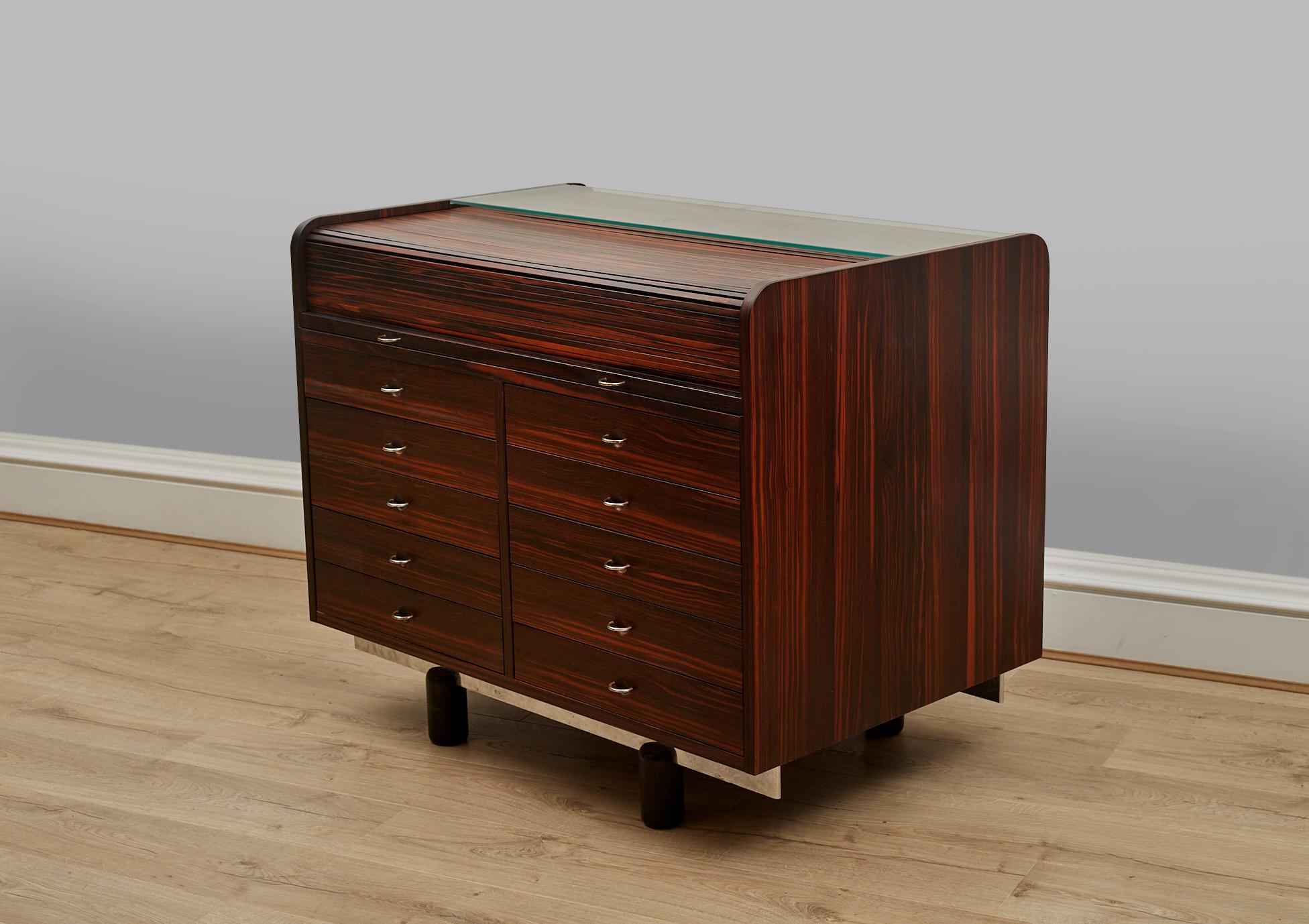 Leather Rosewood Rolltop Desk, Storage Cabinet by Gianfranco Frattini 1960s