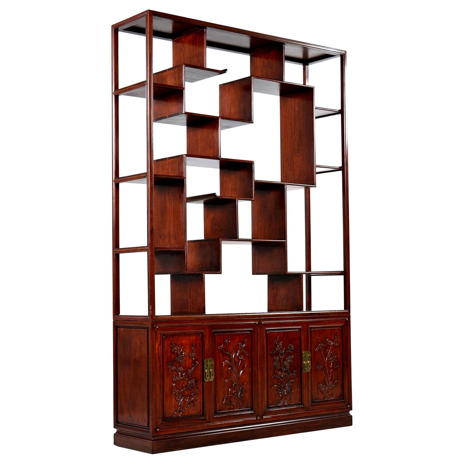 Rosewood Room Divider Cabinet Bookshelf, Asian Modern