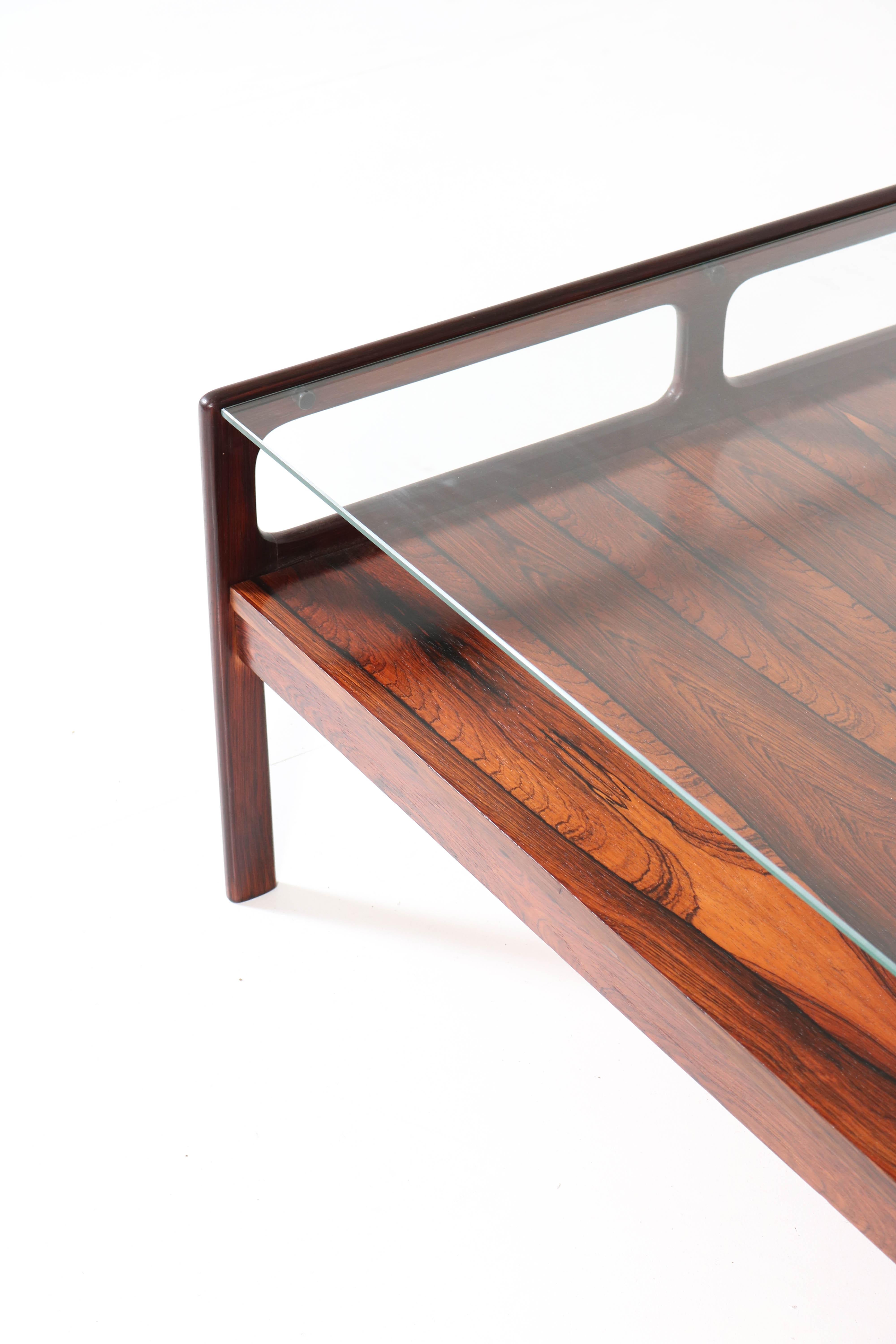 Rosewood Scandinavian Mid-Century Modern Coffee Table with Glass Top, 1960s 5