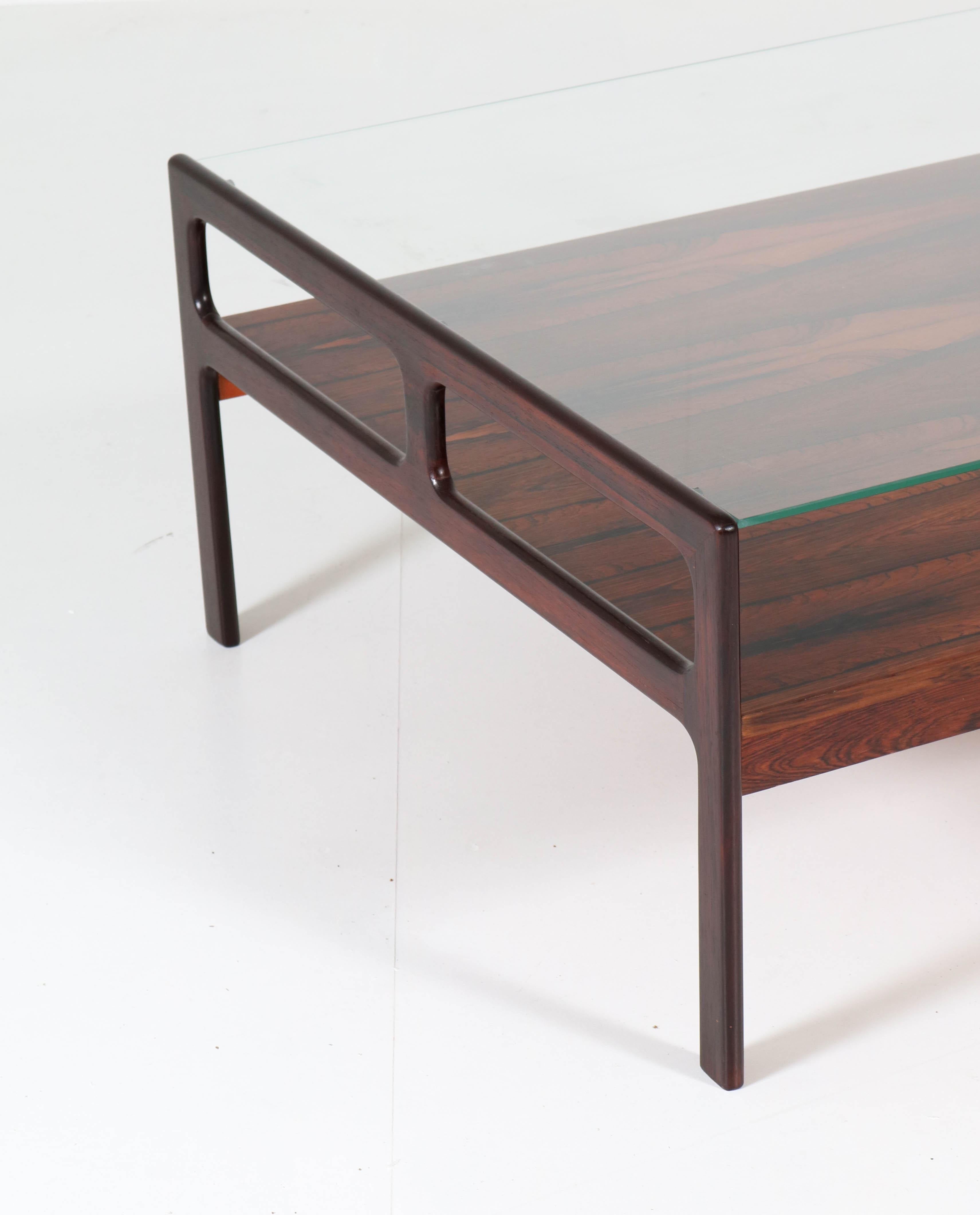 Rosewood Scandinavian Mid-Century Modern Coffee Table with Glass Top, 1960s In Good Condition In Amsterdam, NL