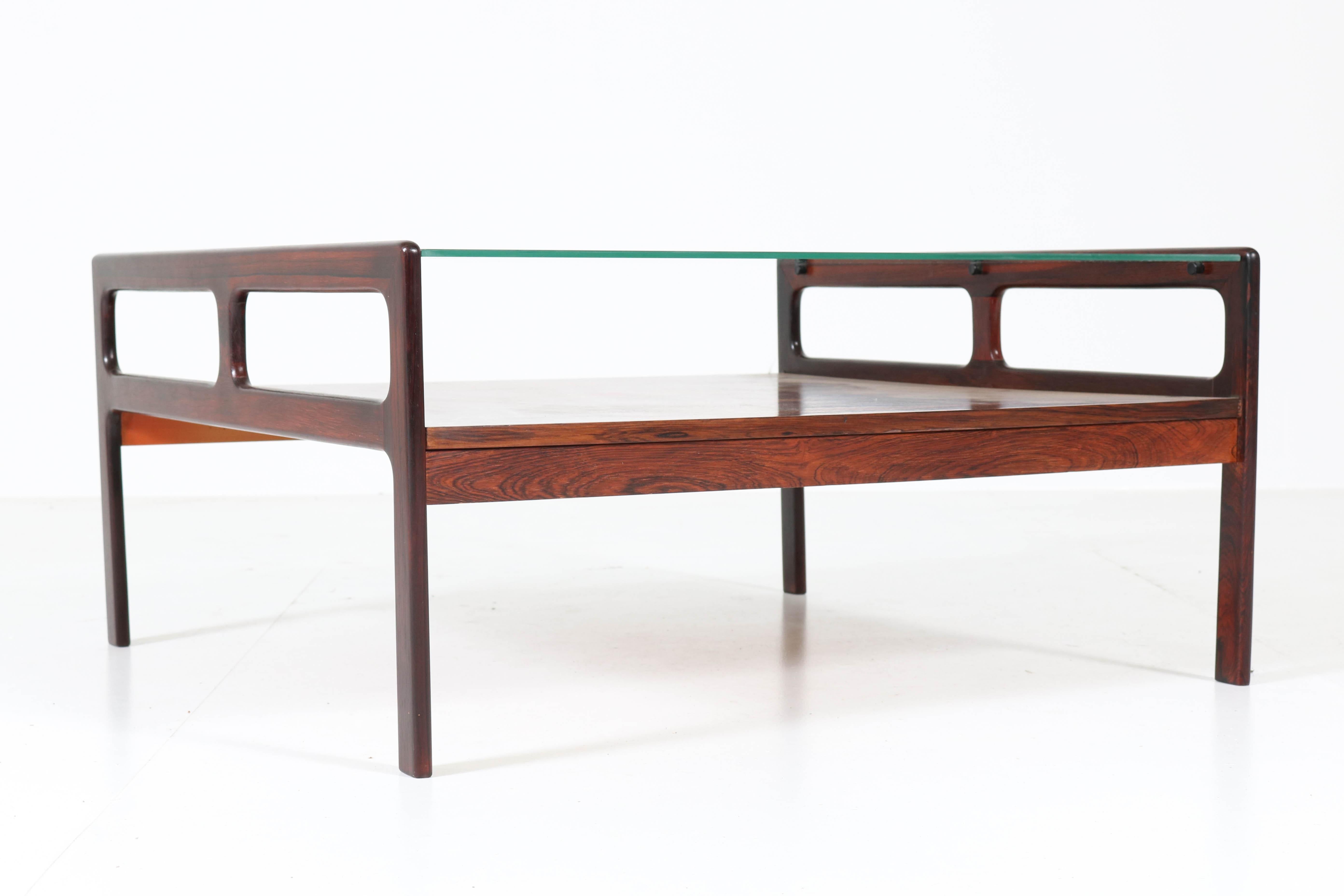 Rosewood Scandinavian Mid-Century Modern Coffee Table with Glass Top, 1960s 1