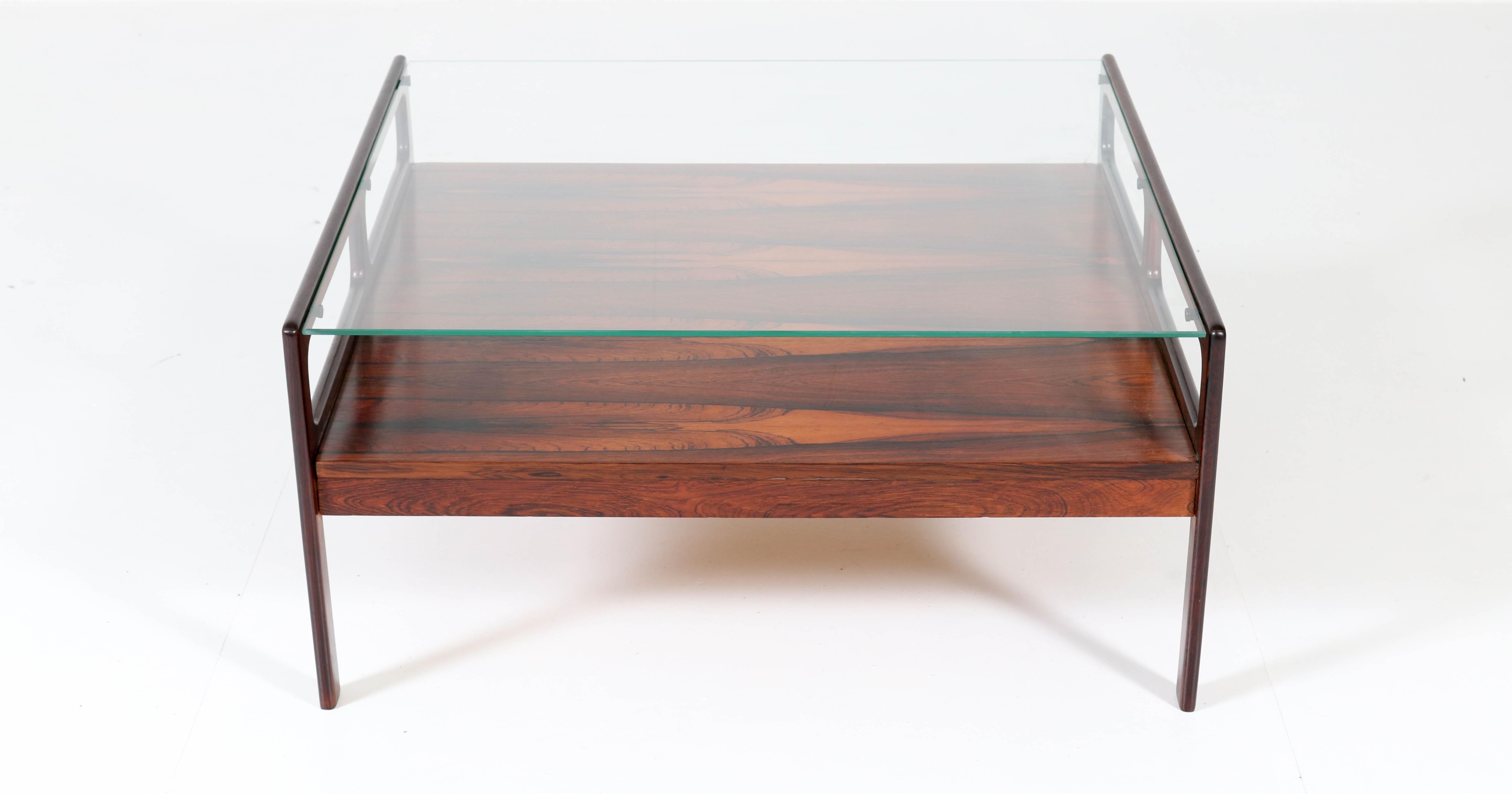 Rosewood Scandinavian Mid-Century Modern Coffee Table with Glass Top, 1960s 2