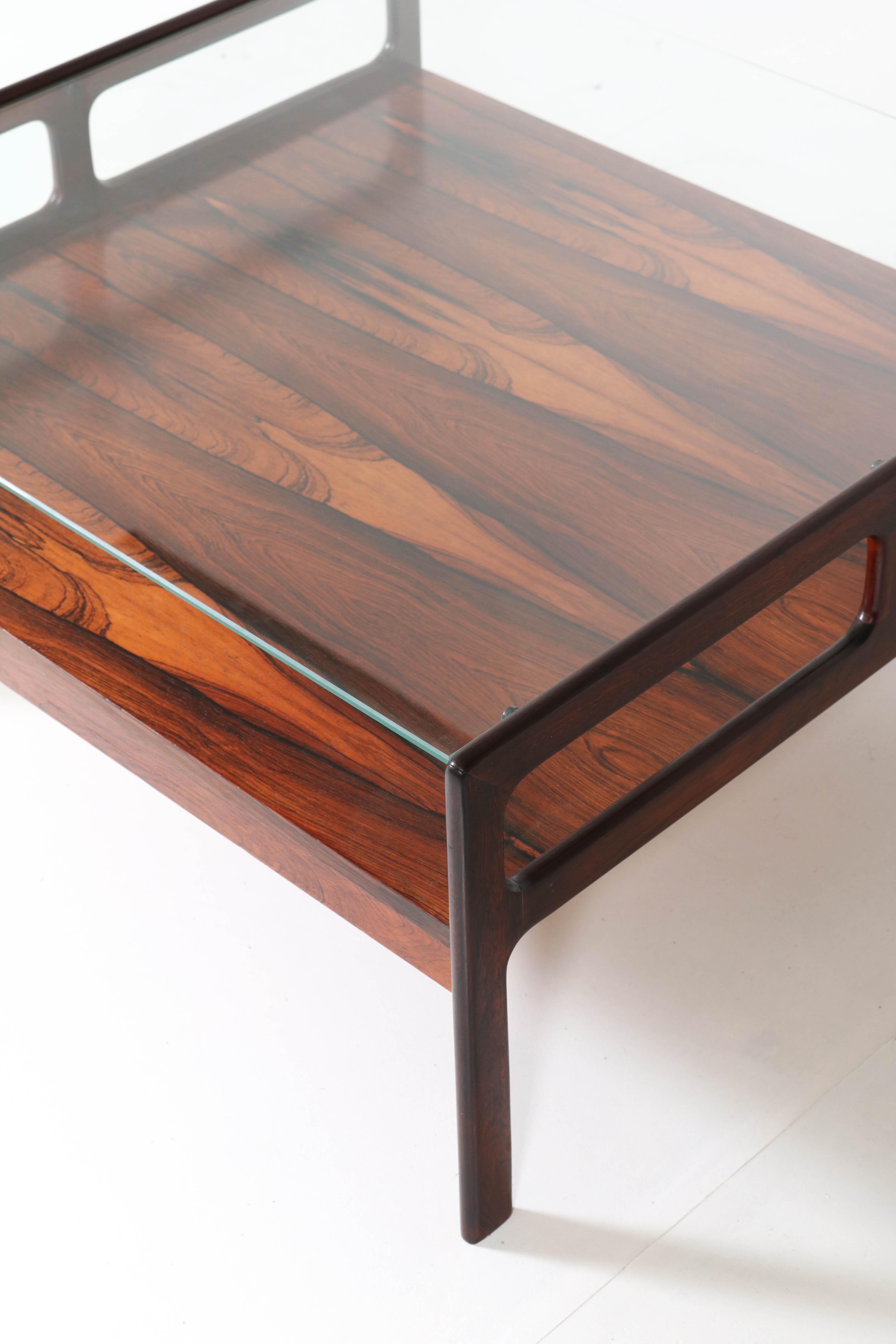 Rosewood Scandinavian Mid-Century Modern Coffee Table with Glass Top, 1960s 3