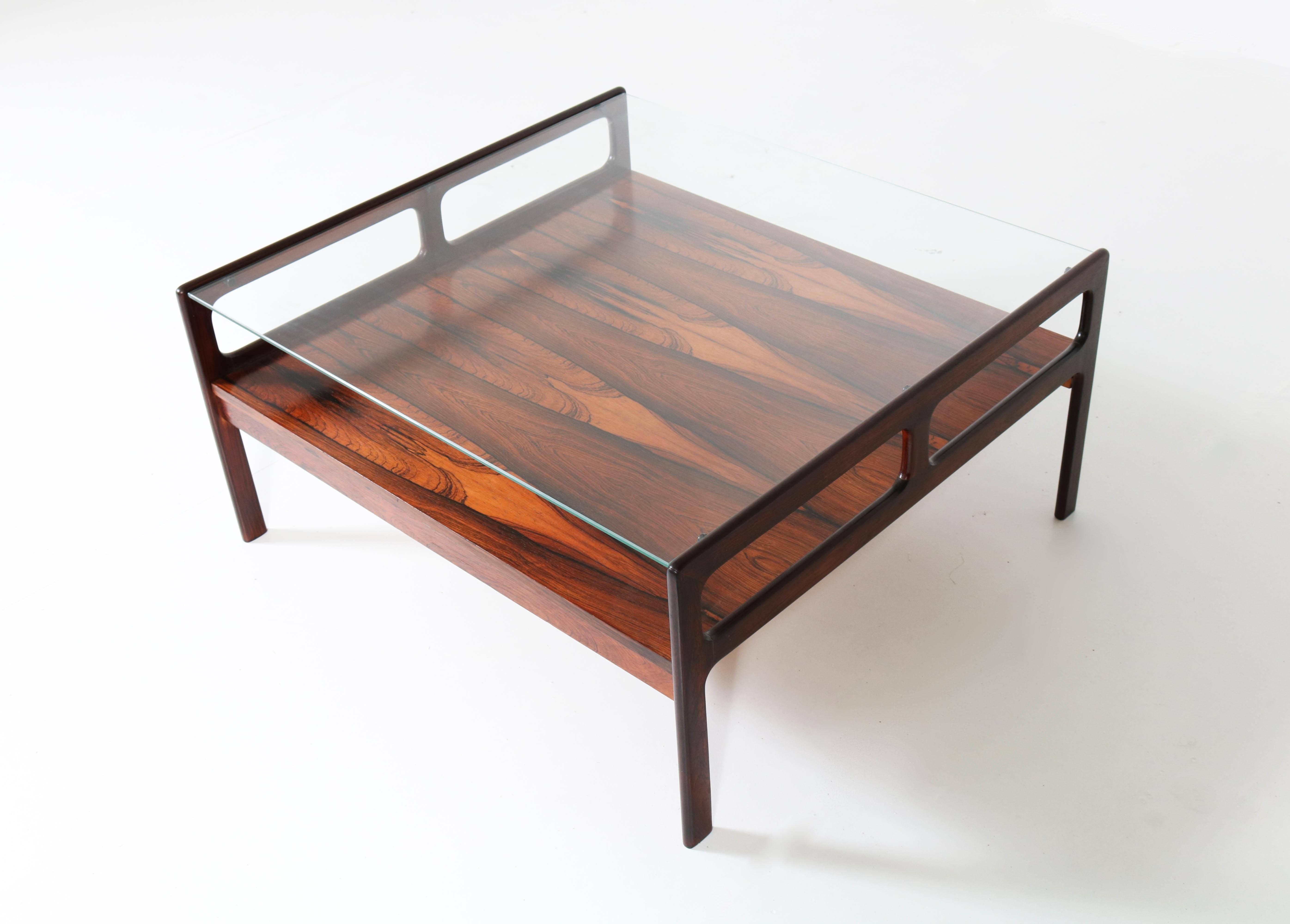 Rosewood Scandinavian Mid-Century Modern Coffee Table with Glass Top, 1960s 4