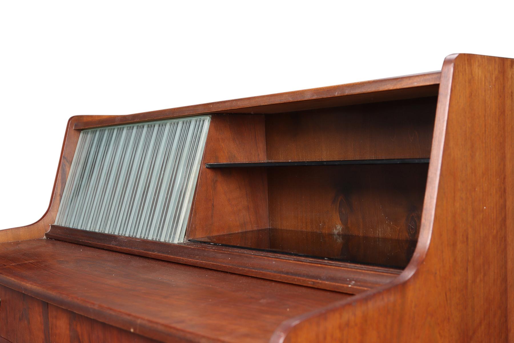 Mid-Century Modern Rosewood Secretary Desk With Etched Glass Sliding Doors For Sale