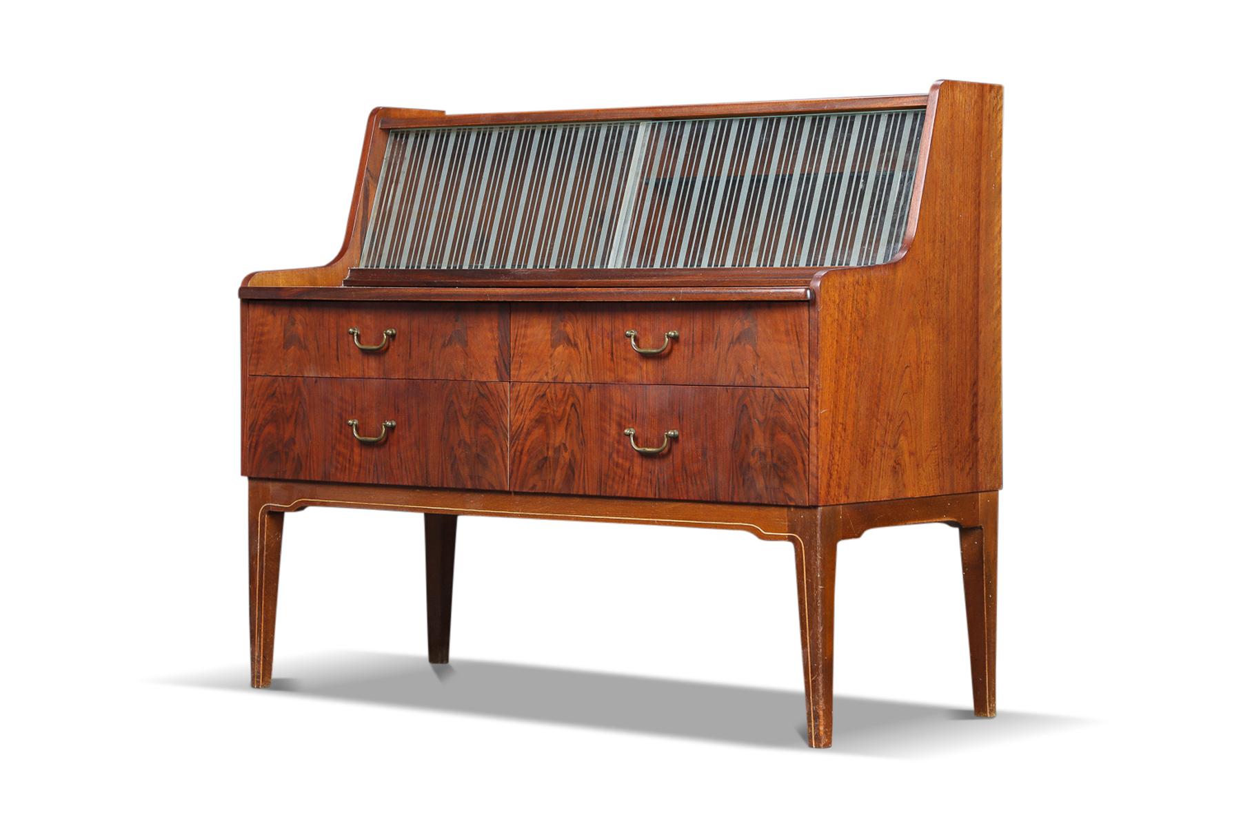 Danish Rosewood Secretary Desk With Etched Glass Sliding Doors For Sale