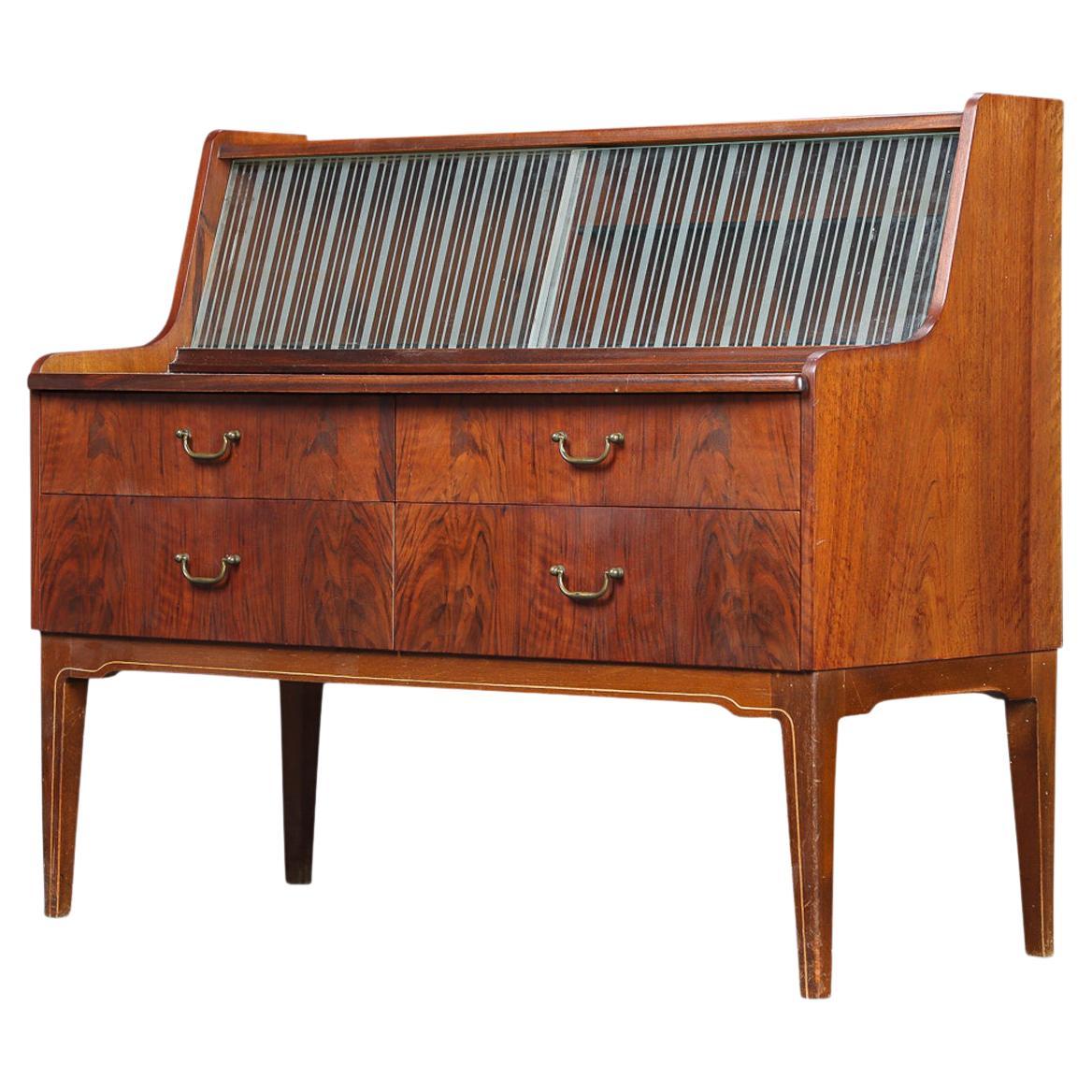 Rosewood Secretary Desk With Etched Glass Sliding Doors For Sale
