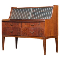 Vintage Rosewood Secretary Desk With Etched Glass Sliding Doors