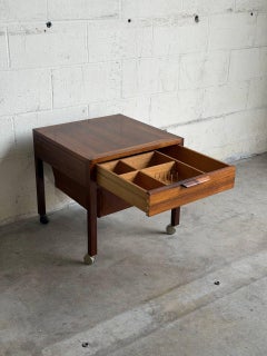 Rosewood Sewing Table Side End Nightstand with Rolling Wheels Denmark 1960s