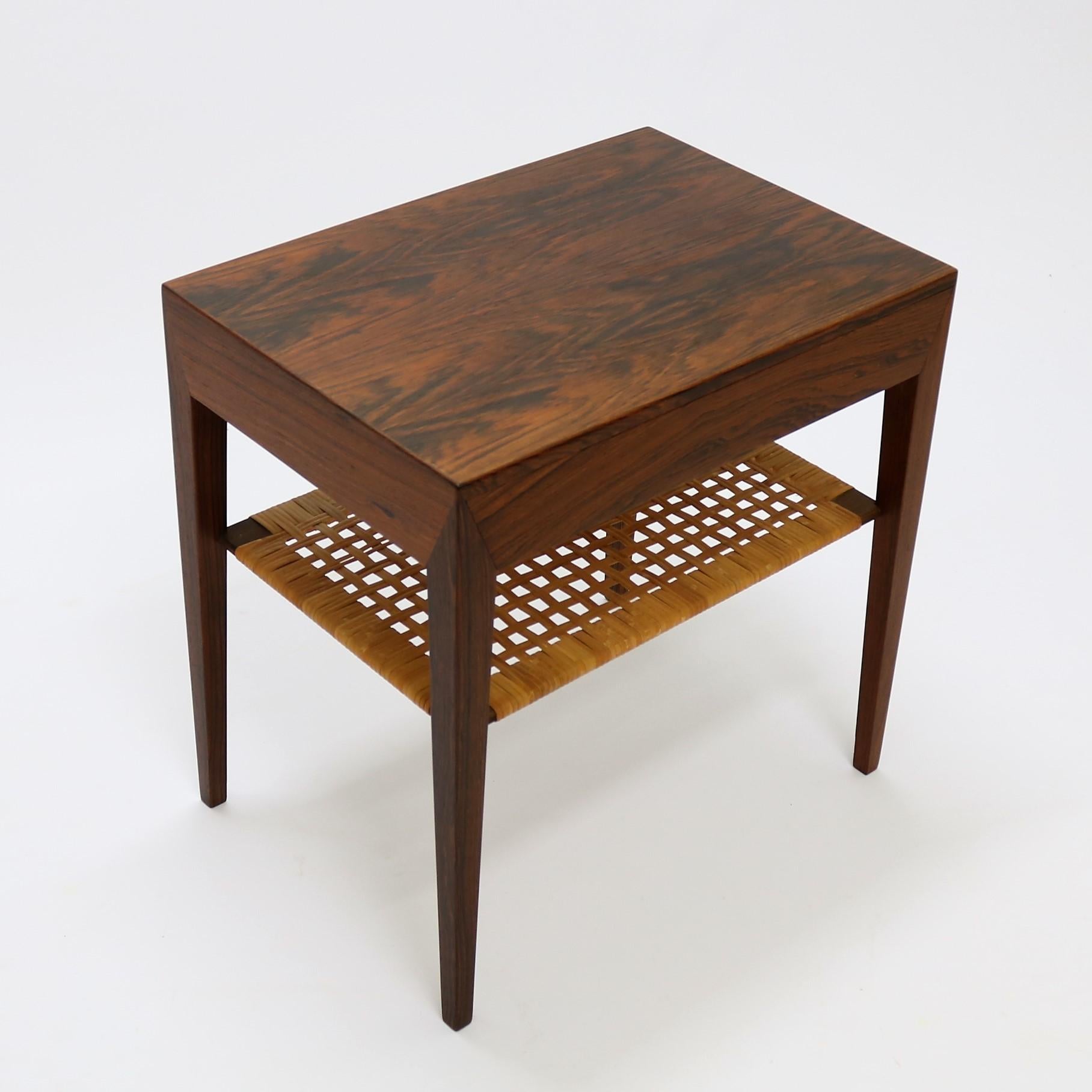 Mid-20th Century Rosewood Side Table with Shelf in Woven Cane by Severin Hansen, Denmark, 1960s