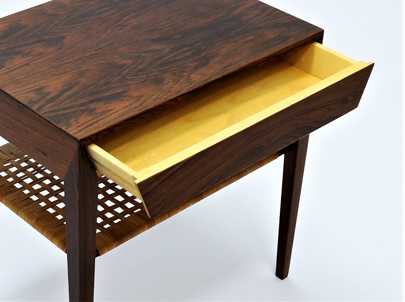 Rosewood Side Table with Shelf in Woven Cane by Severin Hansen, Denmark, 1960s 1