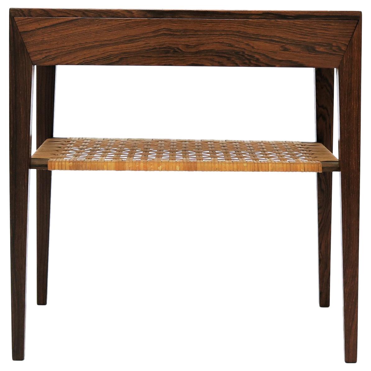 Rosewood Side Table with Shelf in Woven Cane by Severin Hansen, Denmark, 1960s