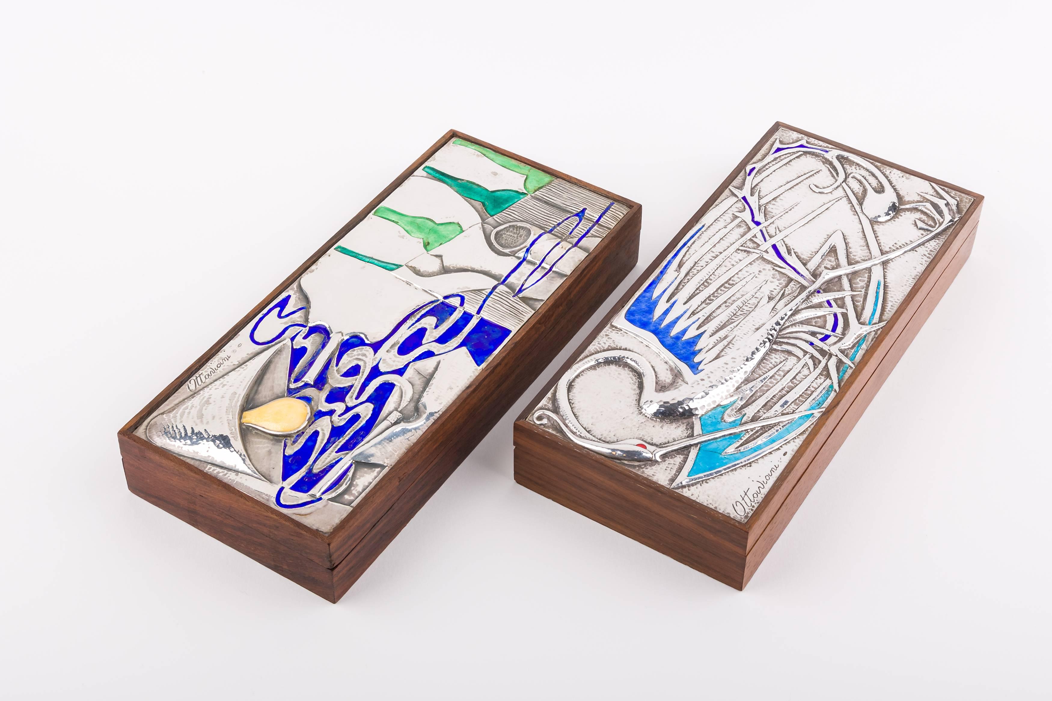 Caja de palisandro, plata y esmalte del platero Ottaviani Italiano en venta