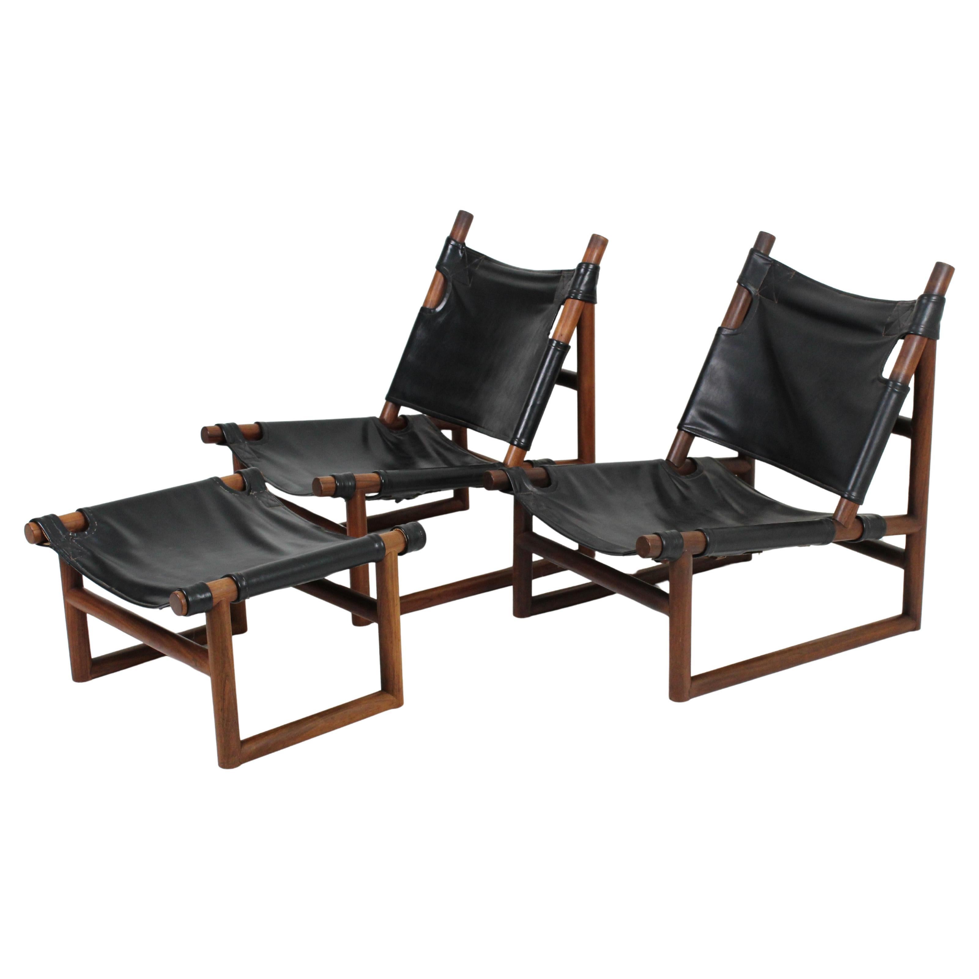 Rosewood sling chairs and hocker