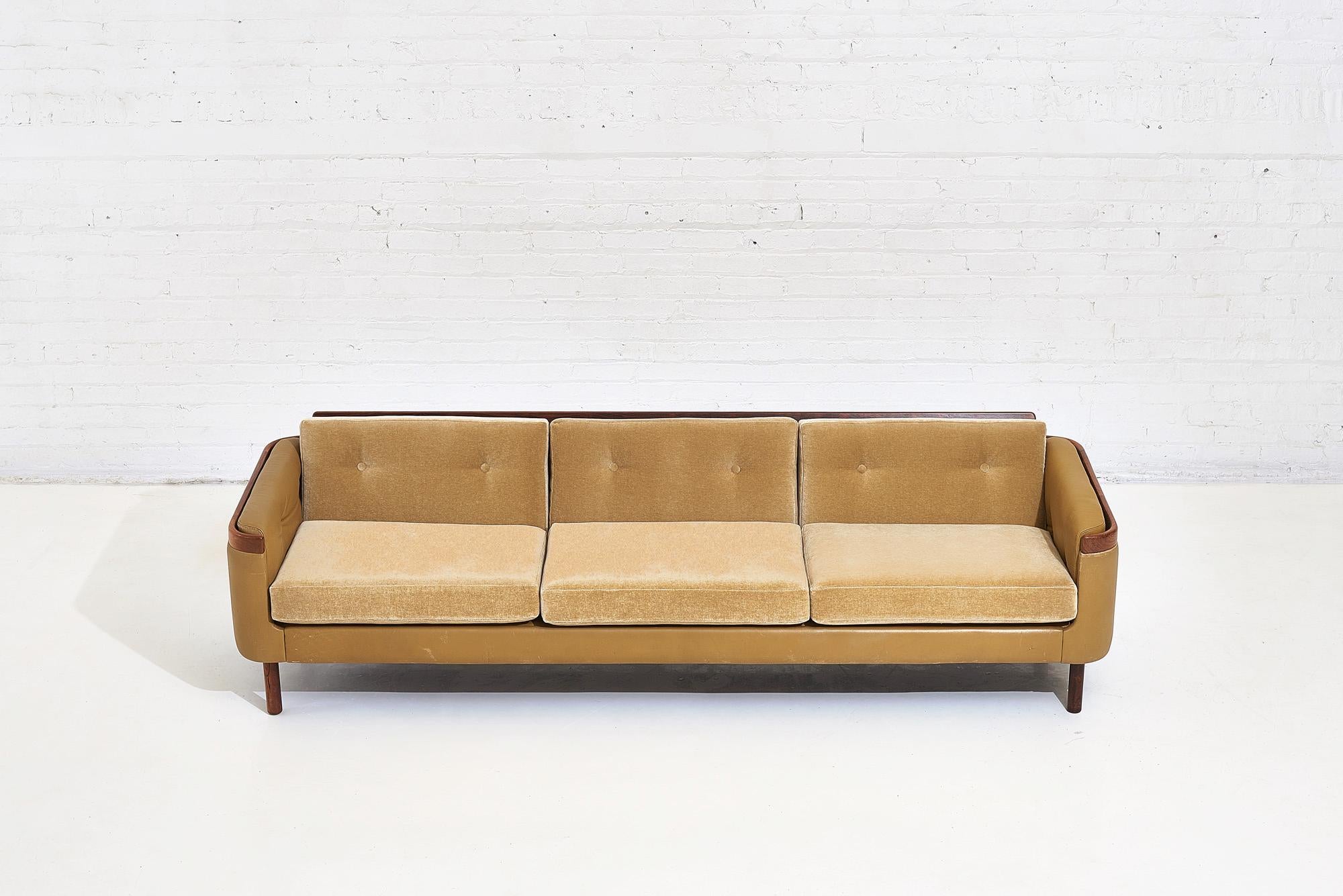 Rosewood sofa by Sigurd Resell for Vatne Mobler, circa 1960. Rosewood and leather frame with plush mohair cushions. Leather has nice broken in patina.