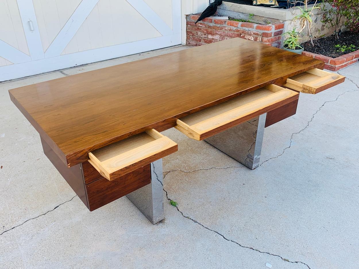 Rosewood & Stainless Steel Desk by Roger Sprunger for Dunbar In Fair Condition In Los Angeles, CA