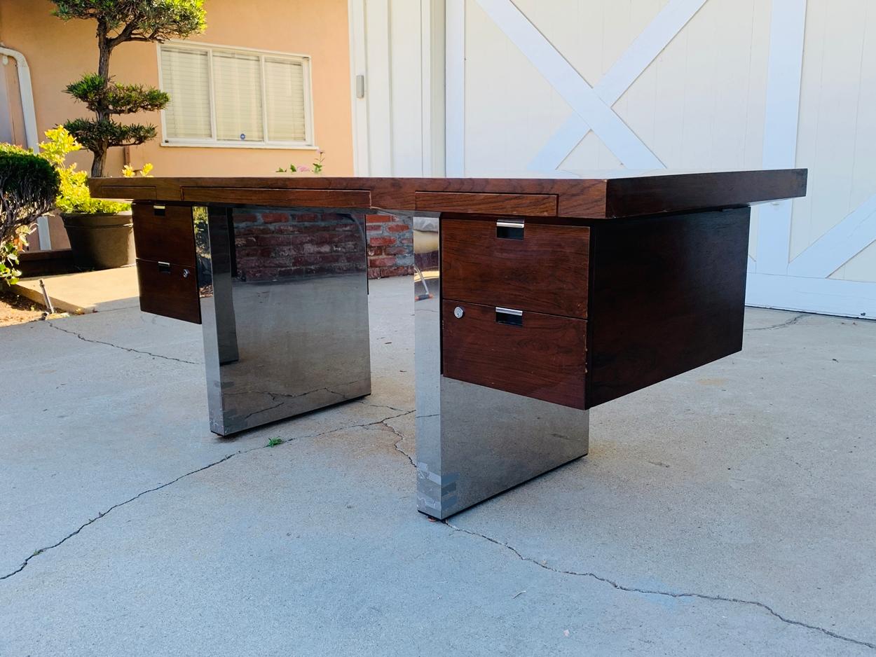 Mid-20th Century Rosewood & Stainless Steel Desk by Roger Sprunger for Dunbar
