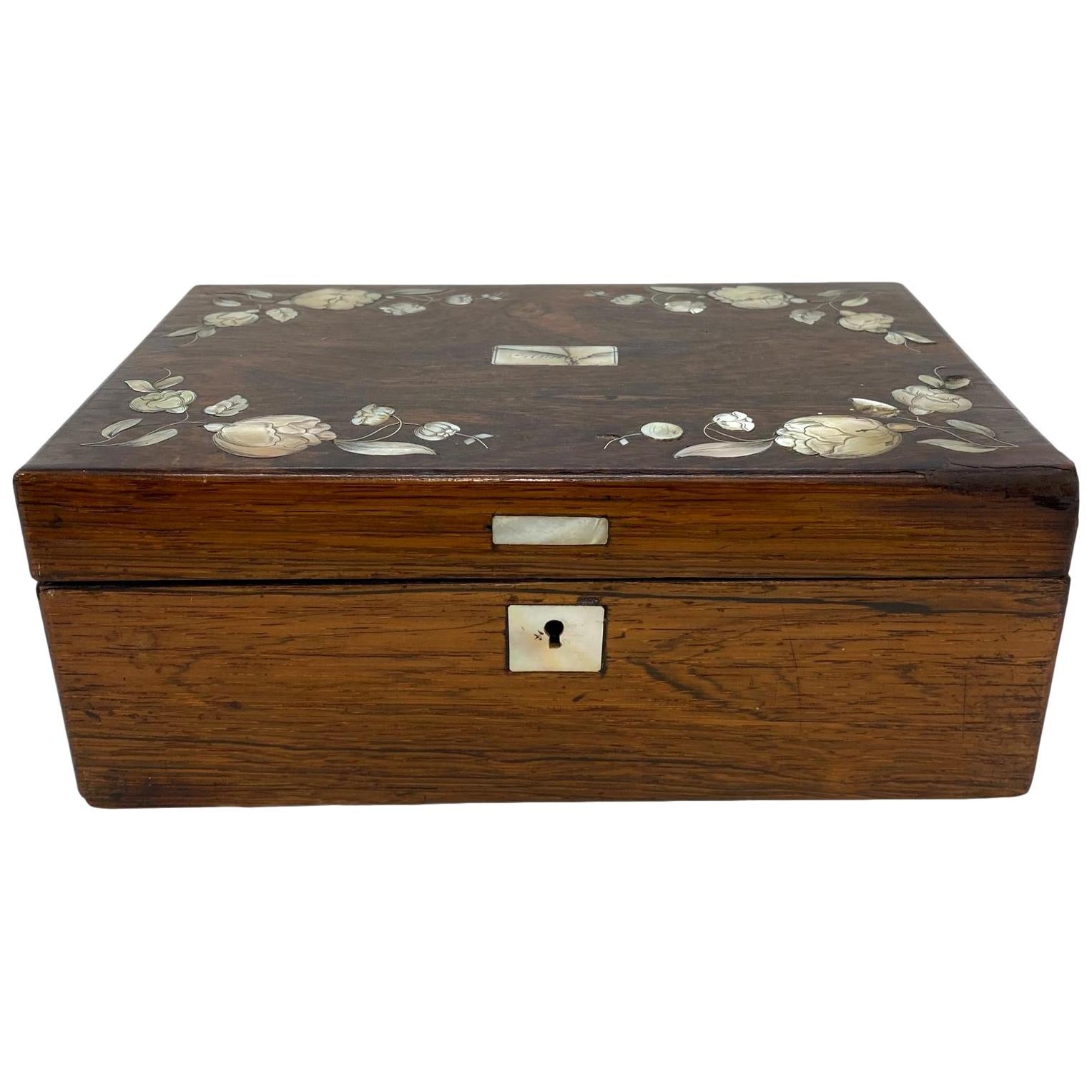 Rosewood Stationery Box with Fine Inlaid Mother of Pearl Flowers, circa 1840