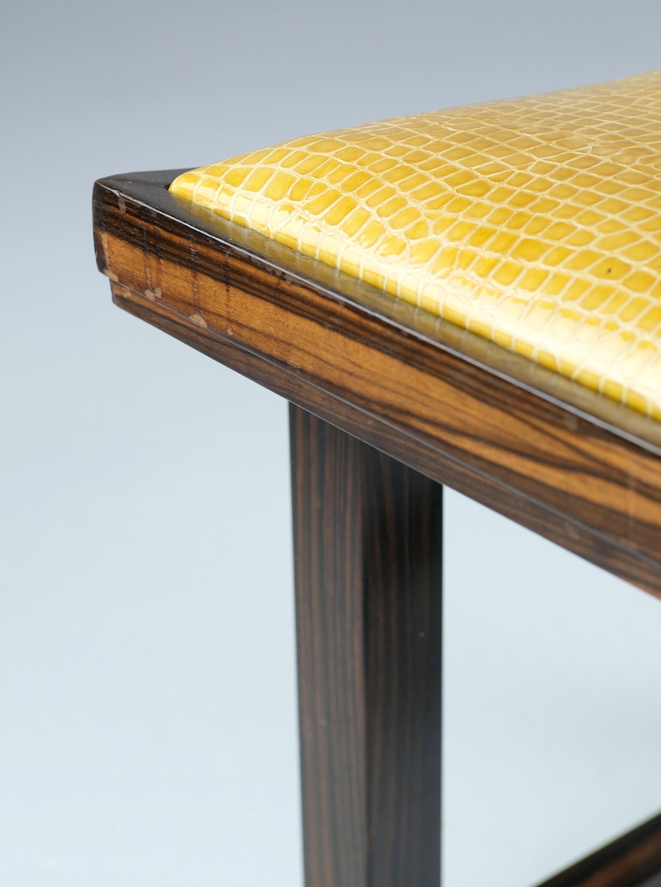 French Rosewood Stool Alligator Leather Cushion & Brass Details Jacques-Emile Ruhlmann