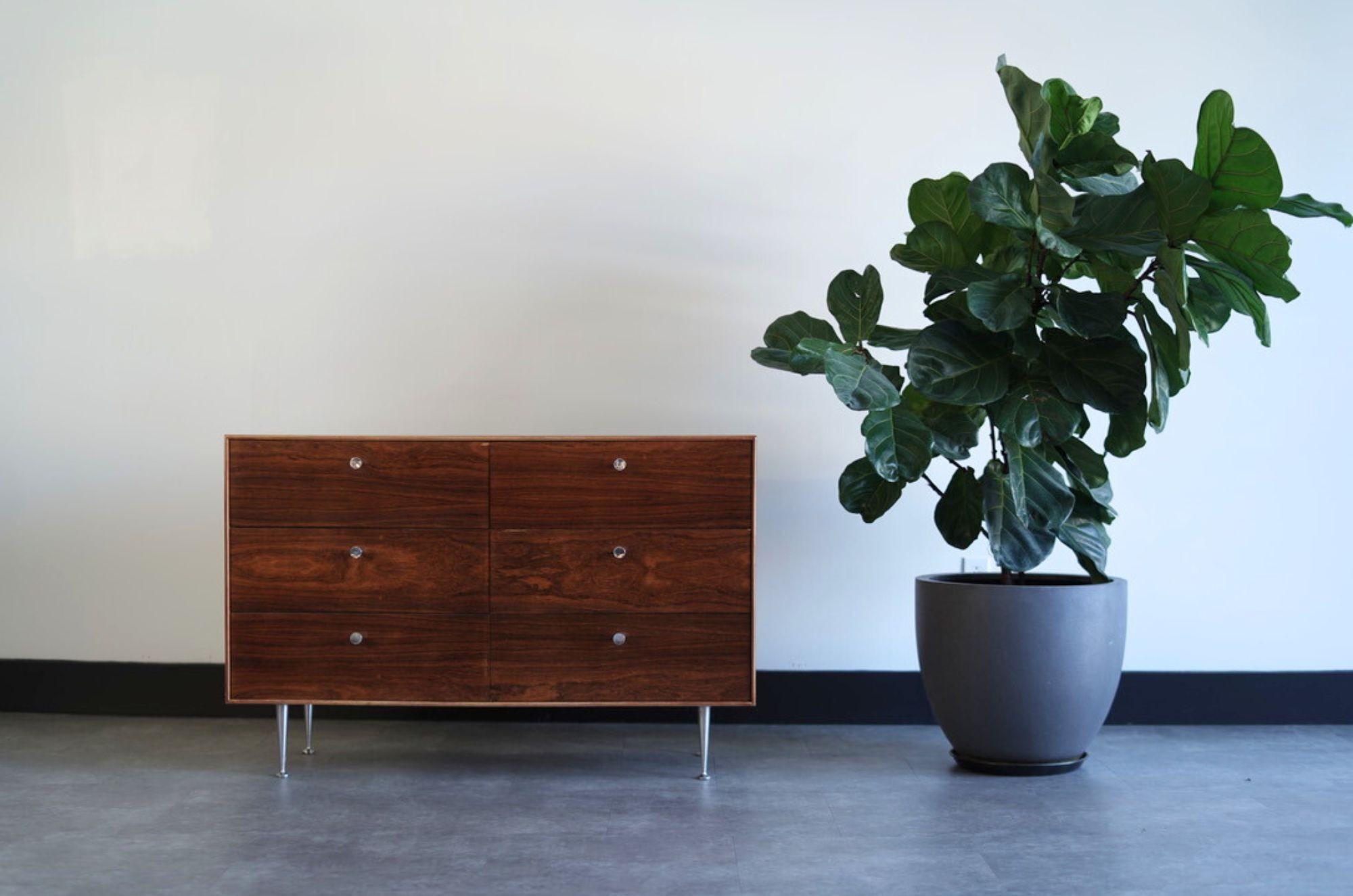 The exquisite Thin Edge Rosewood Dresser by George Nelson for Herman Miller has been meticulously restored by Stamford Modern, reviving its original splendor. This mid-century modern icon features a sleek, minimalist silhouette, clean lines, and a