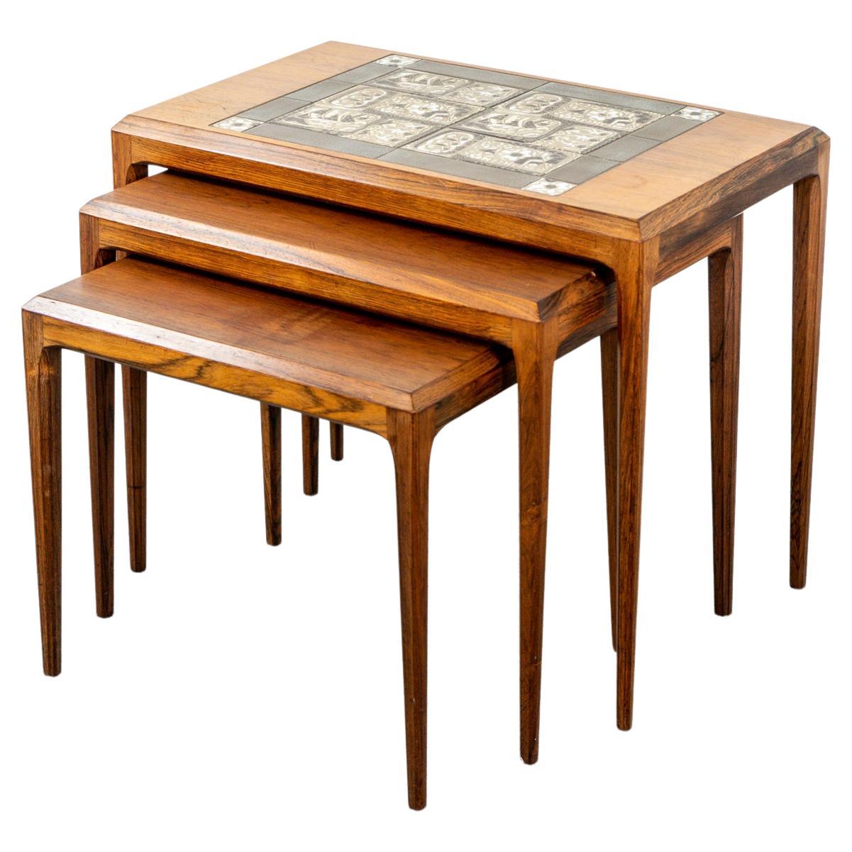 Rosewood & Tile Nesting Tables Designed by Johannes Andersen for CFC Silkeborg For Sale