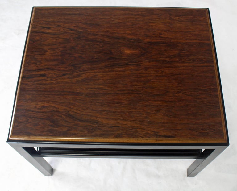Mid-Century Modern Rosewood Top Black Lacquer Base with Cane Shelf Side Coffee Table For Sale