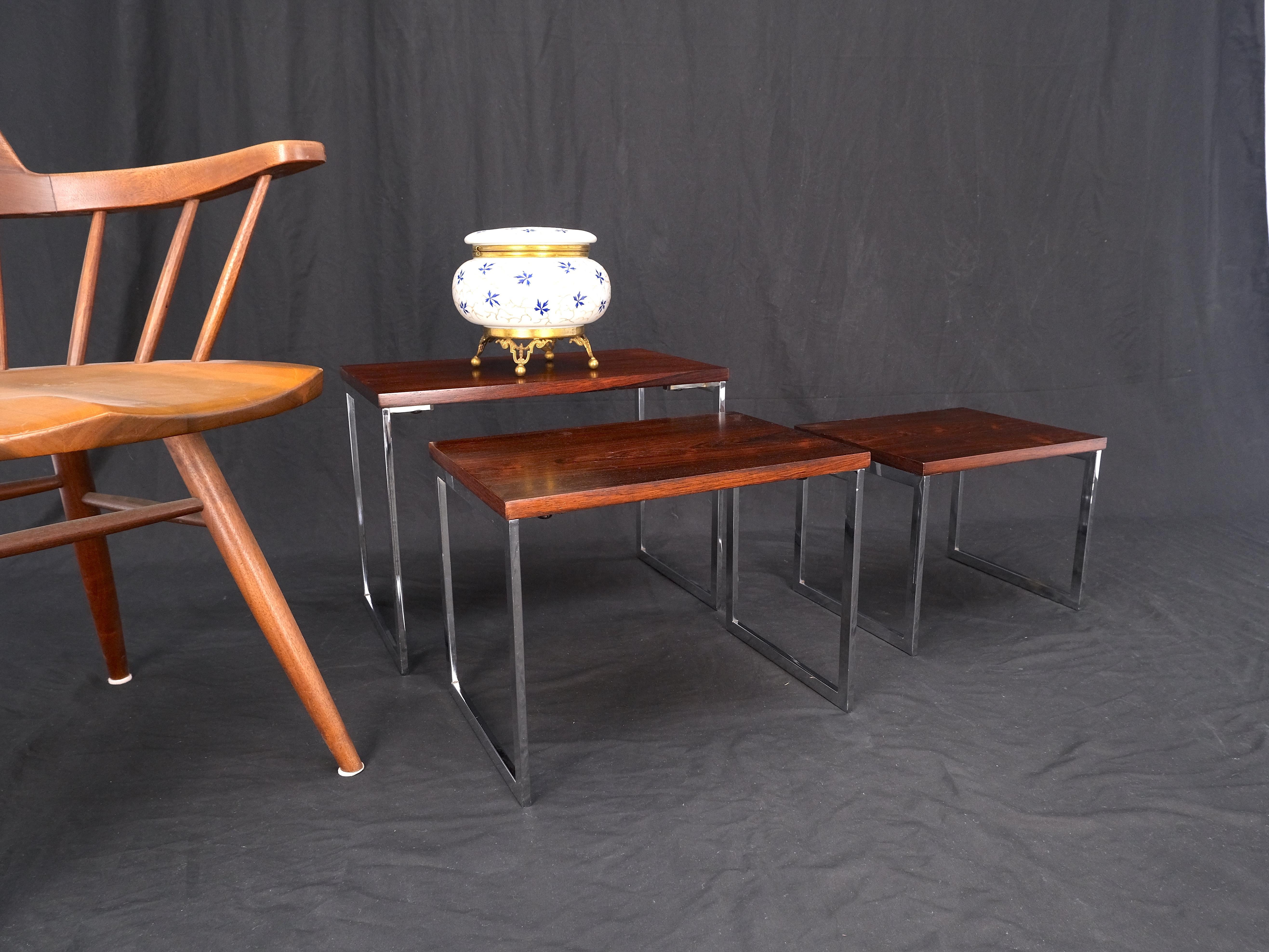 Rosewood Tops Chrome Base Mid Century Modern Set of 3 Nesting Side End Tables For Sale 3