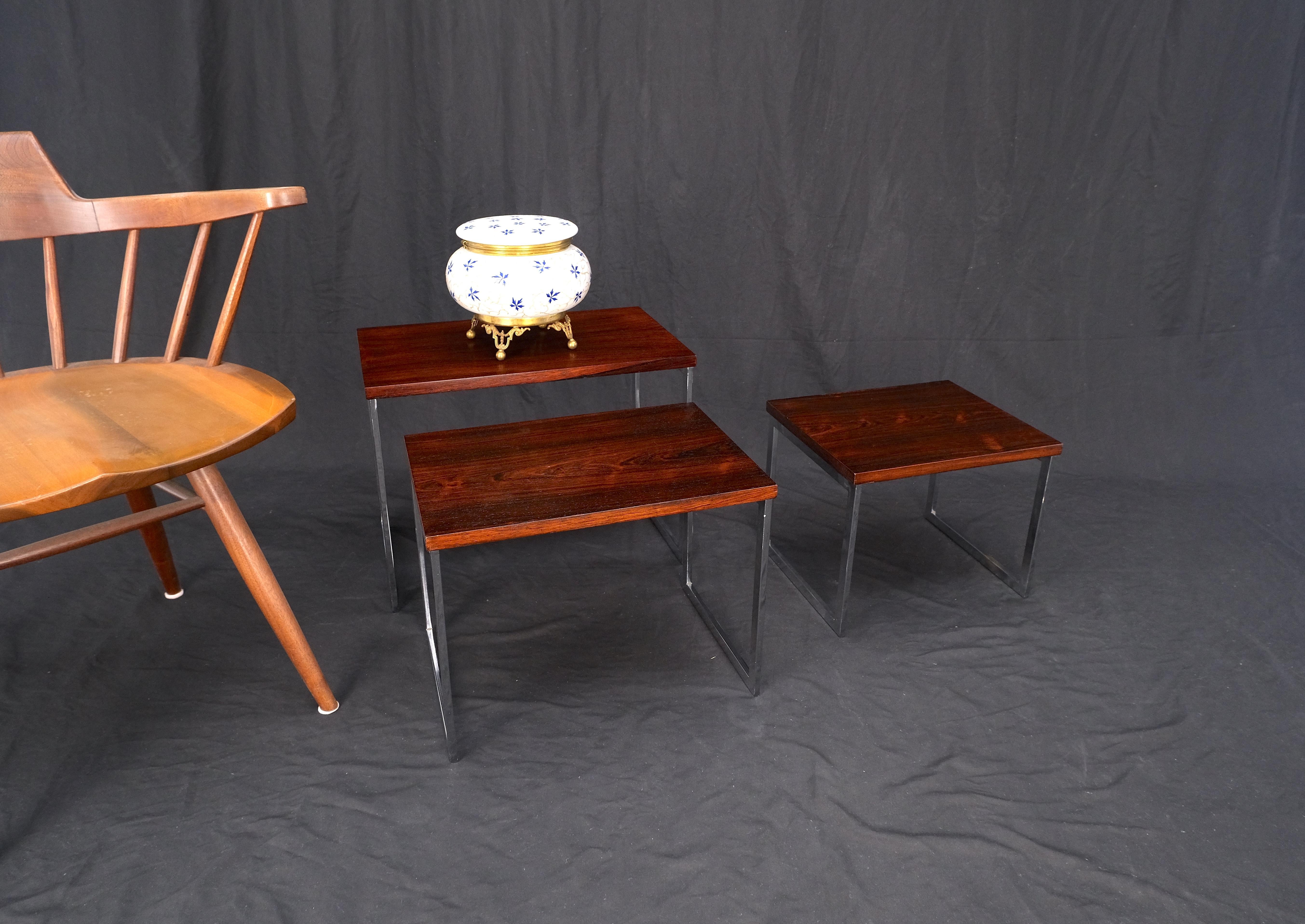 Rosewood Tops Chrome Base Mid Century Modern Set of 3 Nesting Side End Tables For Sale 4