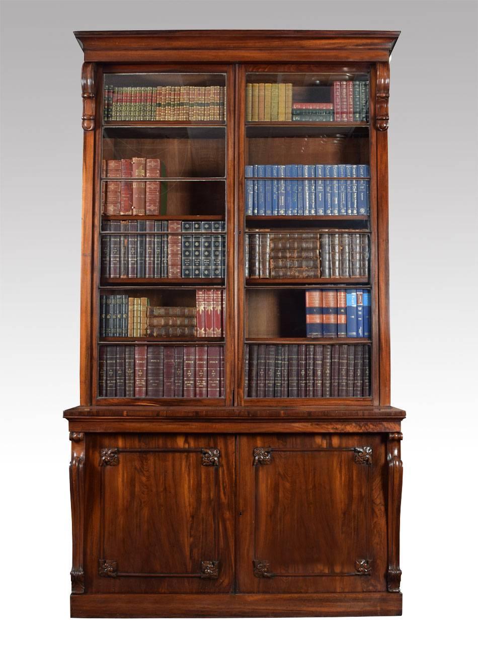 Regency library bookcase the projecting cornice above two large glazed doors enclosing 5 adjustable shelves to each side the base section fitted with panelled cupboard doors opening to reveal one large shelf all raised up on a plinth