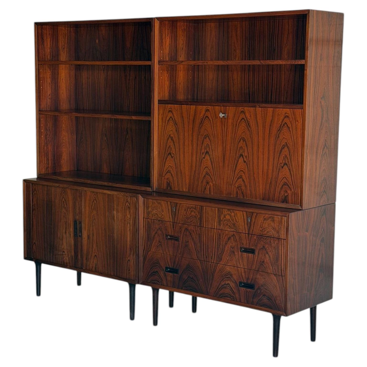 Rosewood Wall Unit Bookcase with Tambour Doors Lyby Mobler Denmark 1960s